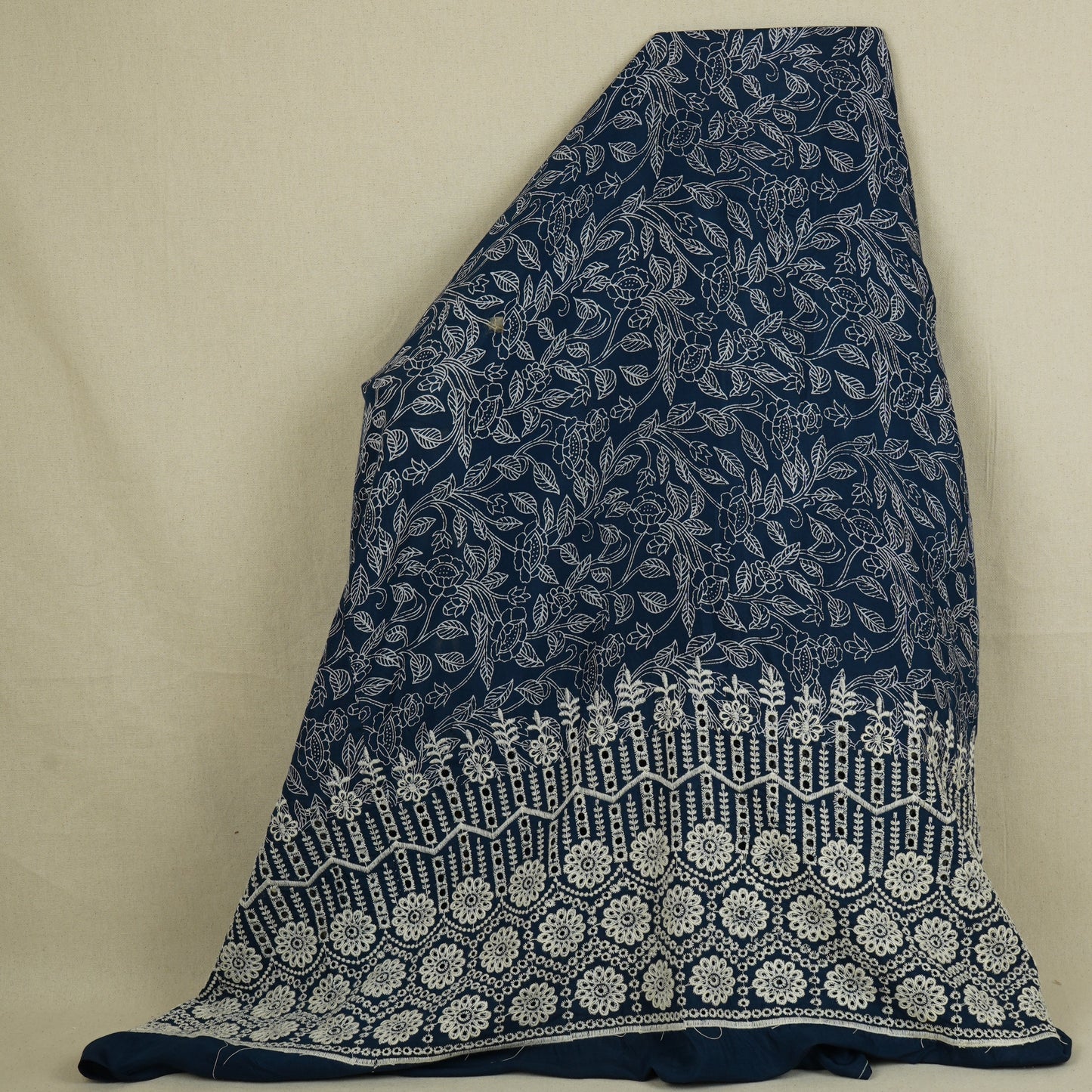 Blue with White Floral Print Cotton Schiffli Fabric MFR-29831