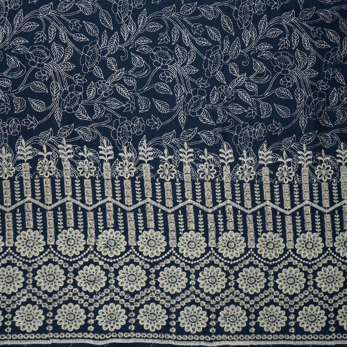 Blue with White Floral Print Cotton Schiffli Fabric MFR-29831