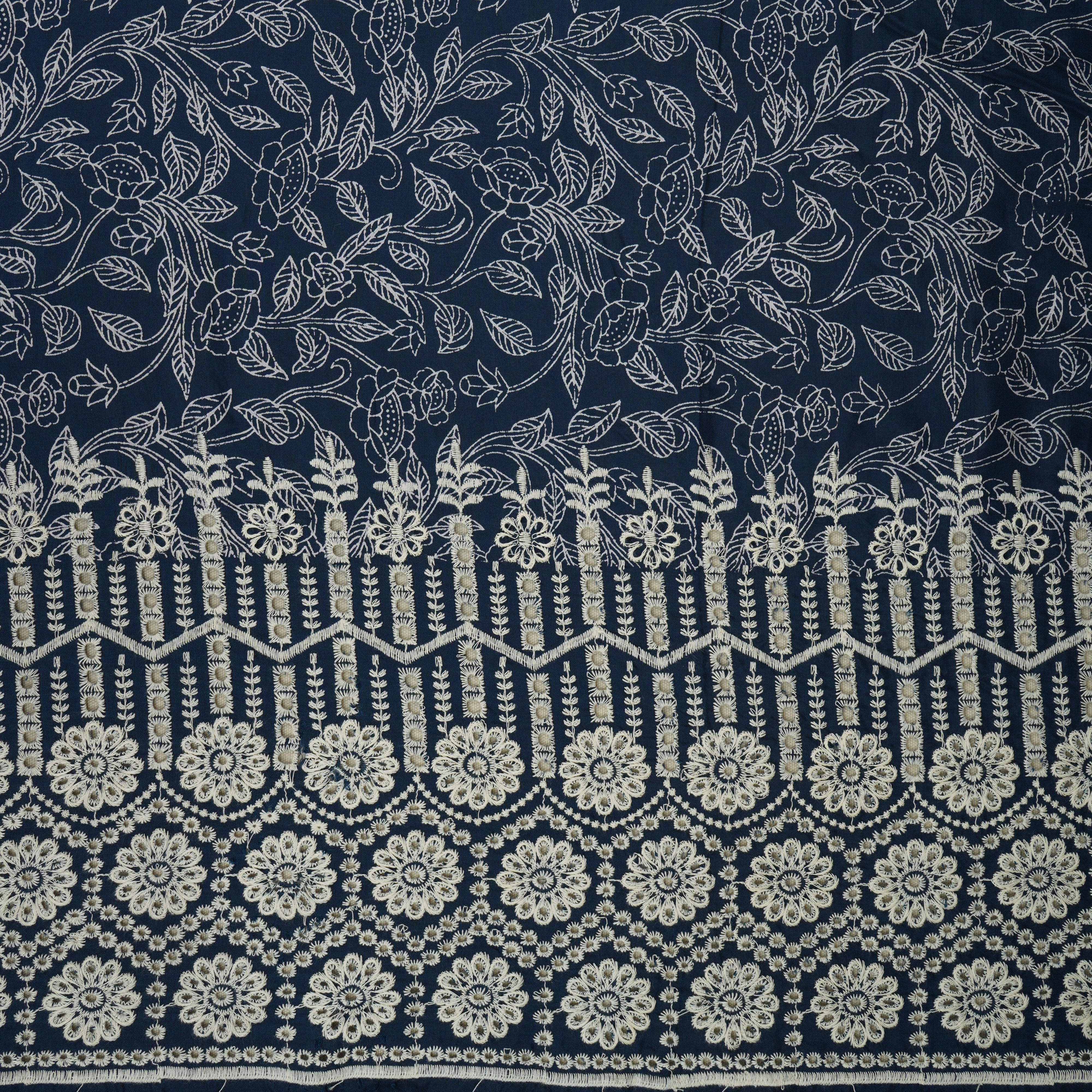 Blue with White Floral Print Muslin Schiffli Fabric MFR-29831 - TradeUNO