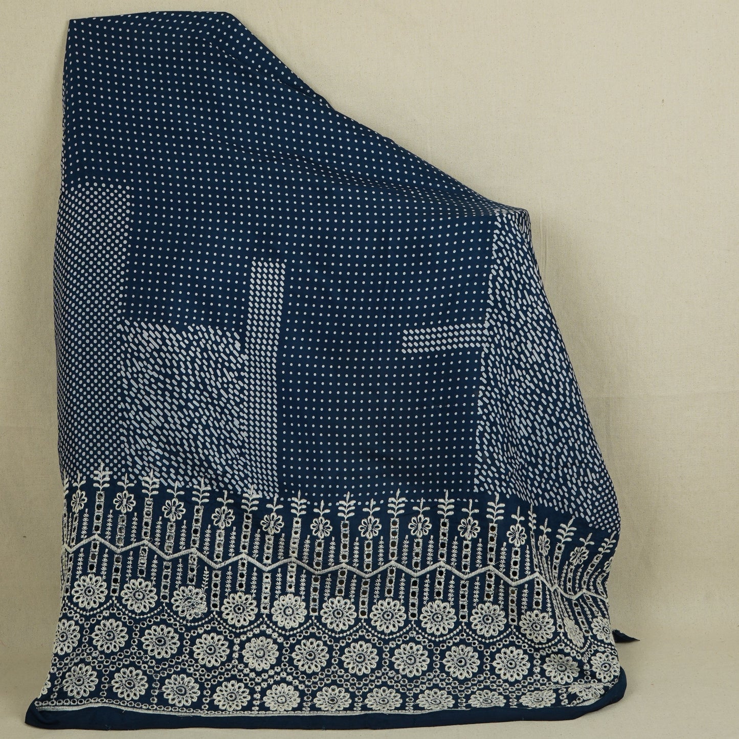 Blue With White Dot Print Cotton Schiffli Fabric MFR-29830