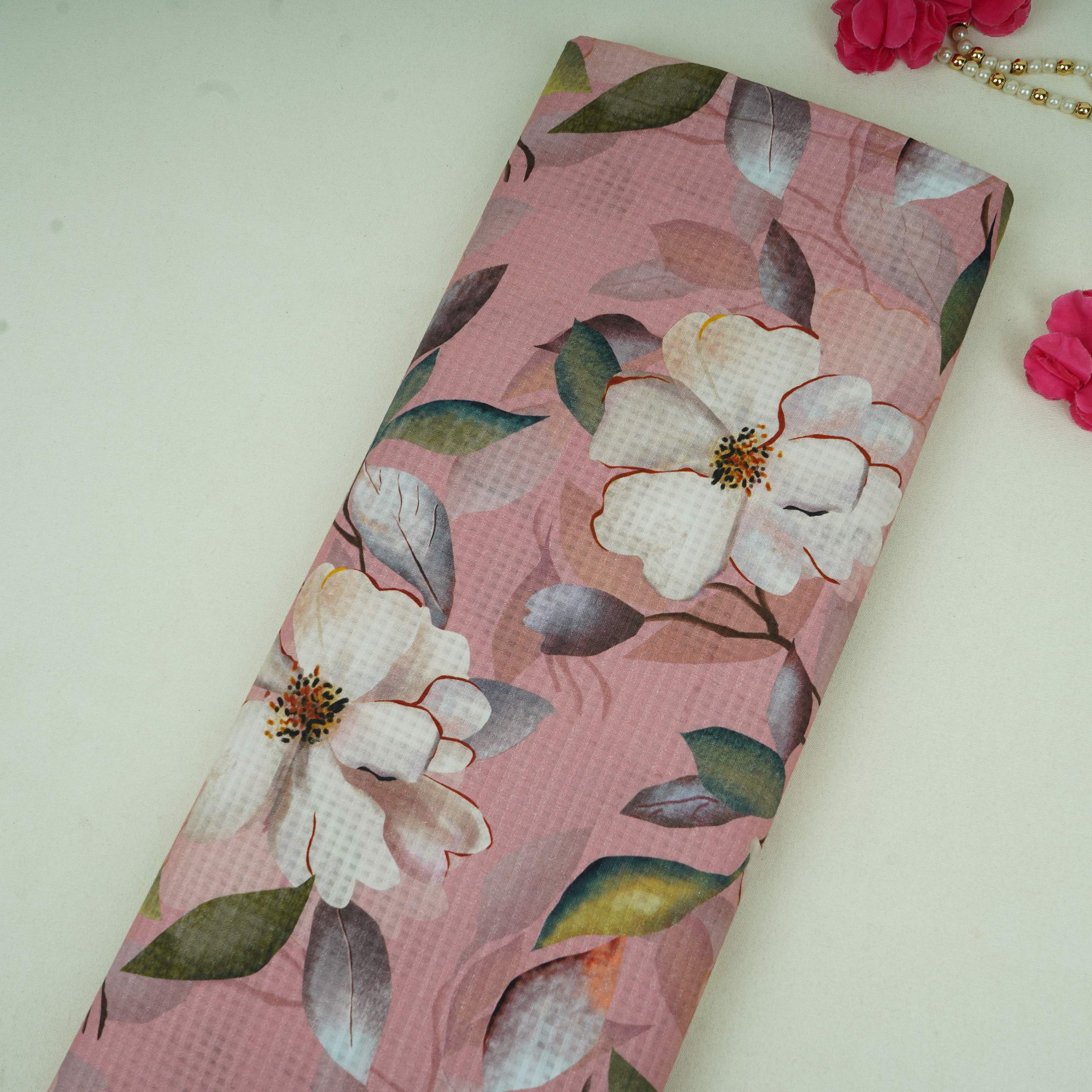 Pink floral print Cotton Checks Fabric PI-31845 - TradeUNO