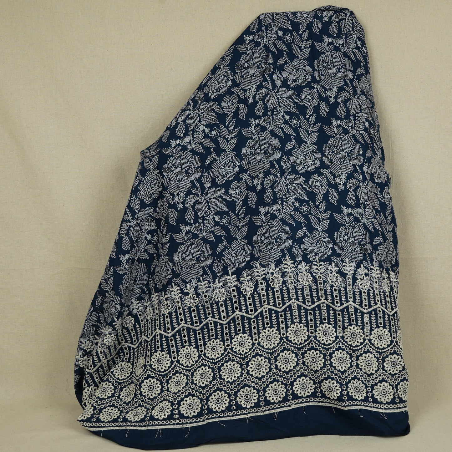 Blue with White Floral Print Cotton Schiffli Fabric MFR-29832