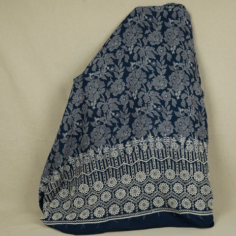 Blue with White Floral Print Cotton Schiffli Fabric MFR-29832