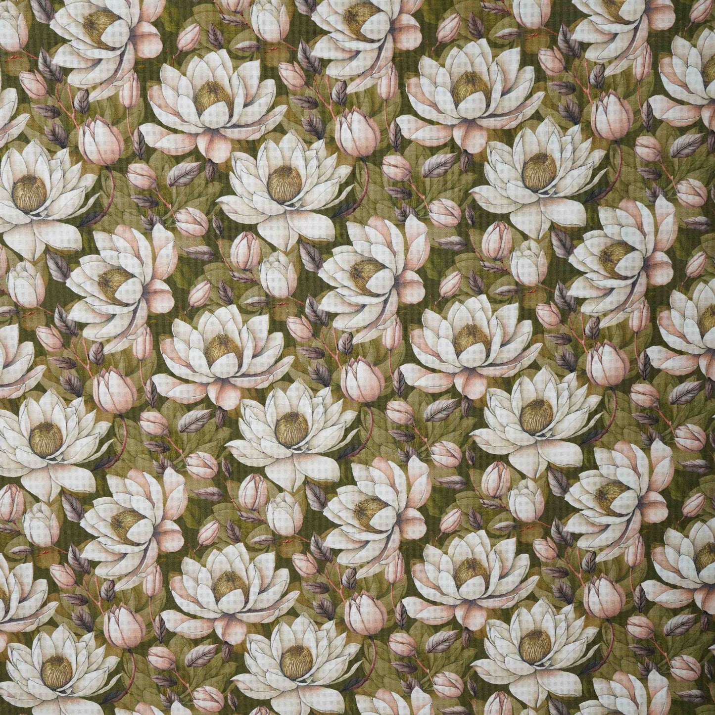 Olive Green with Cream floral print Cotton Checks Fabric PI-31847 - TradeUNO