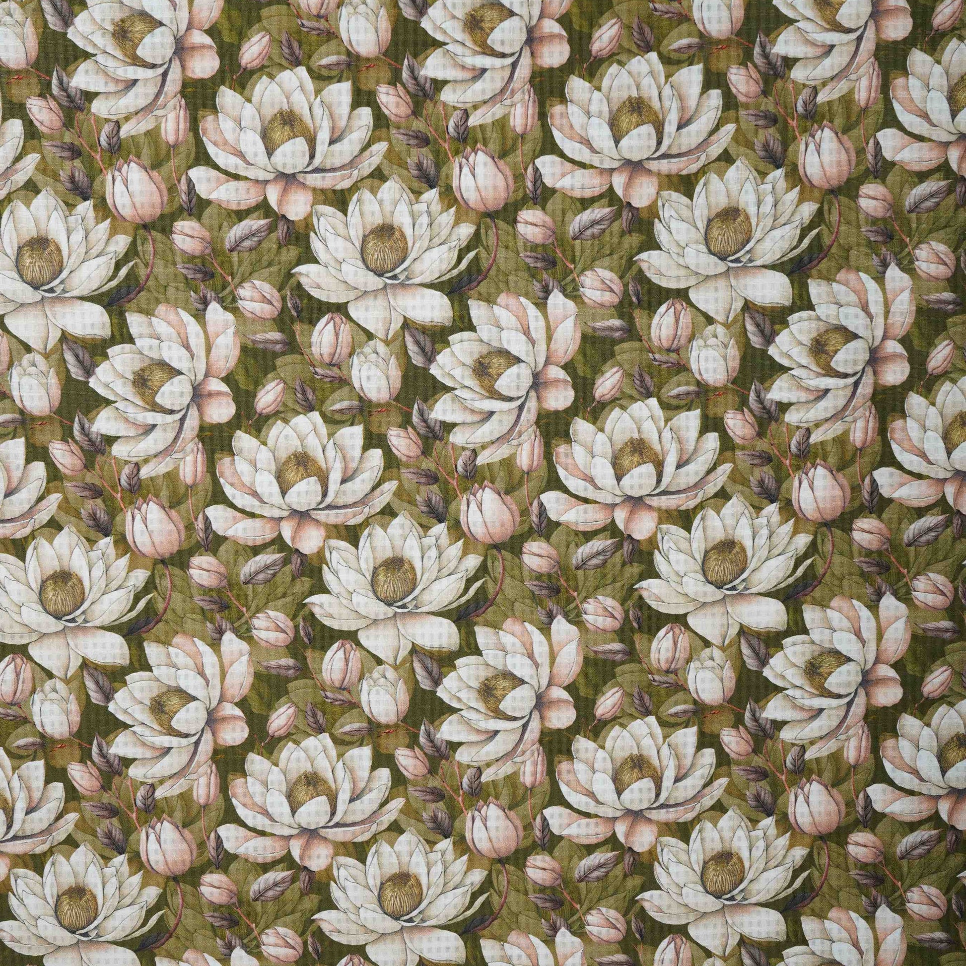 Olive Green with Cream floral print Cotton Checks Fabric PI-31847 - TradeUNO