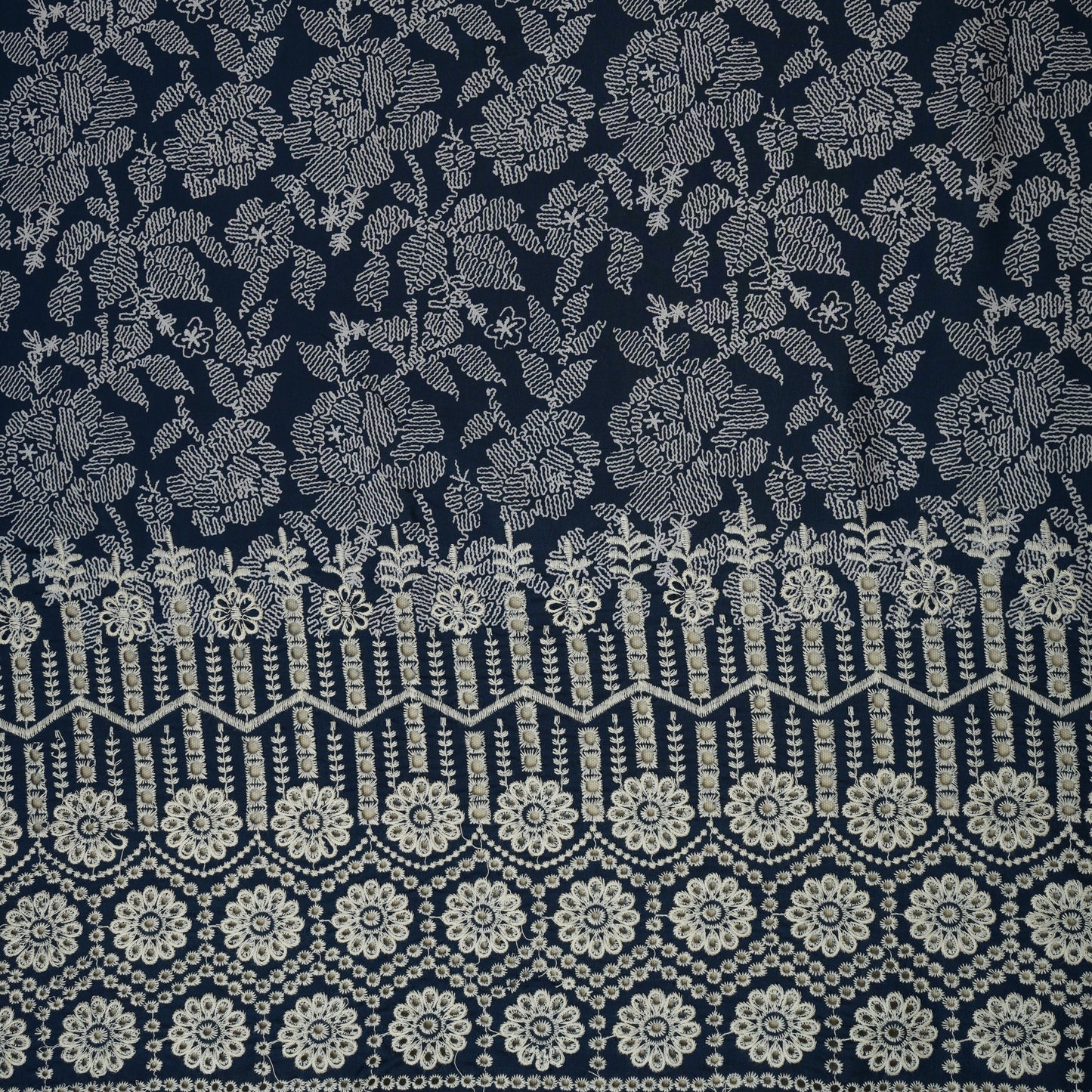 Blue with White Floral Print Cotton Schiffli Fabric MFR-29832