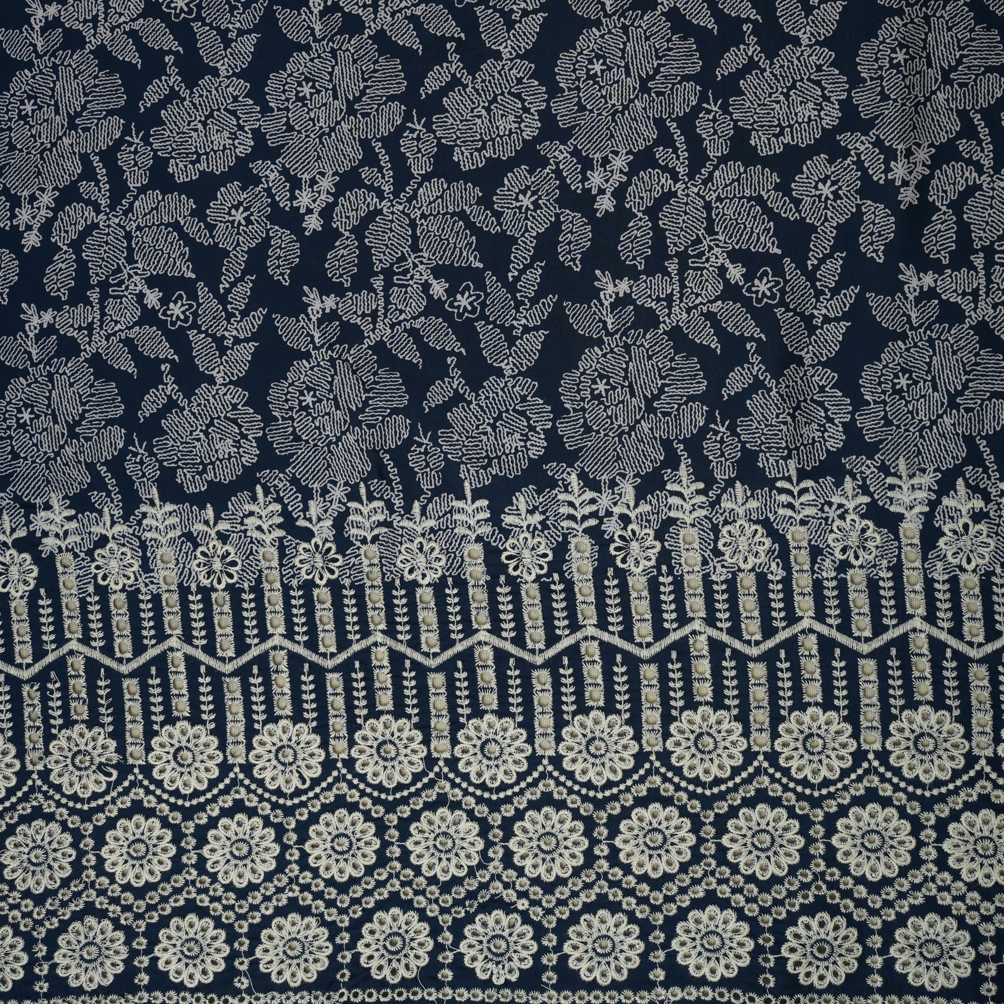 Blue with White Floral Print Muslin Schiffli Fabric MFR-29832 - TradeUNO