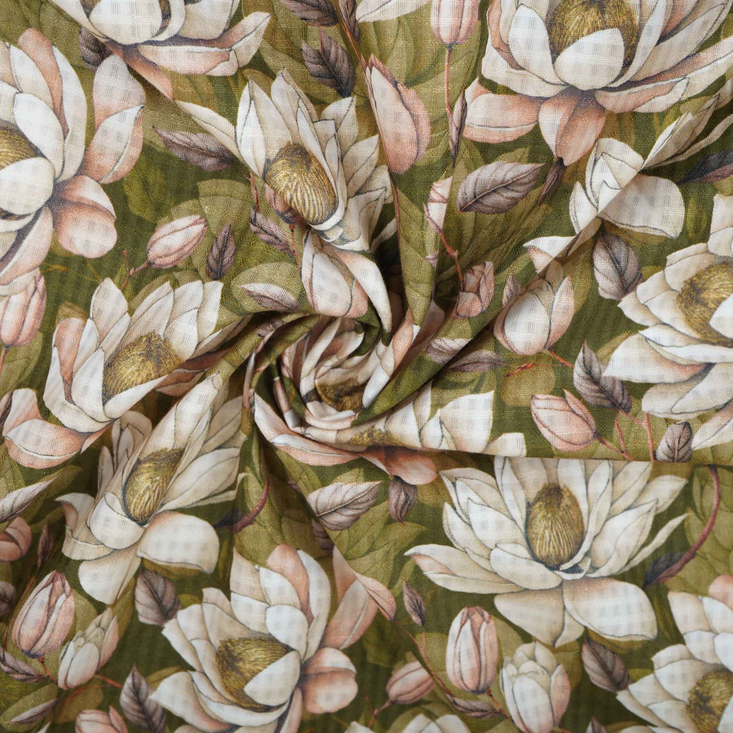 Olive Green with Cream floral print Cotton Checks Fabric PI-31847 - TradeUNO
