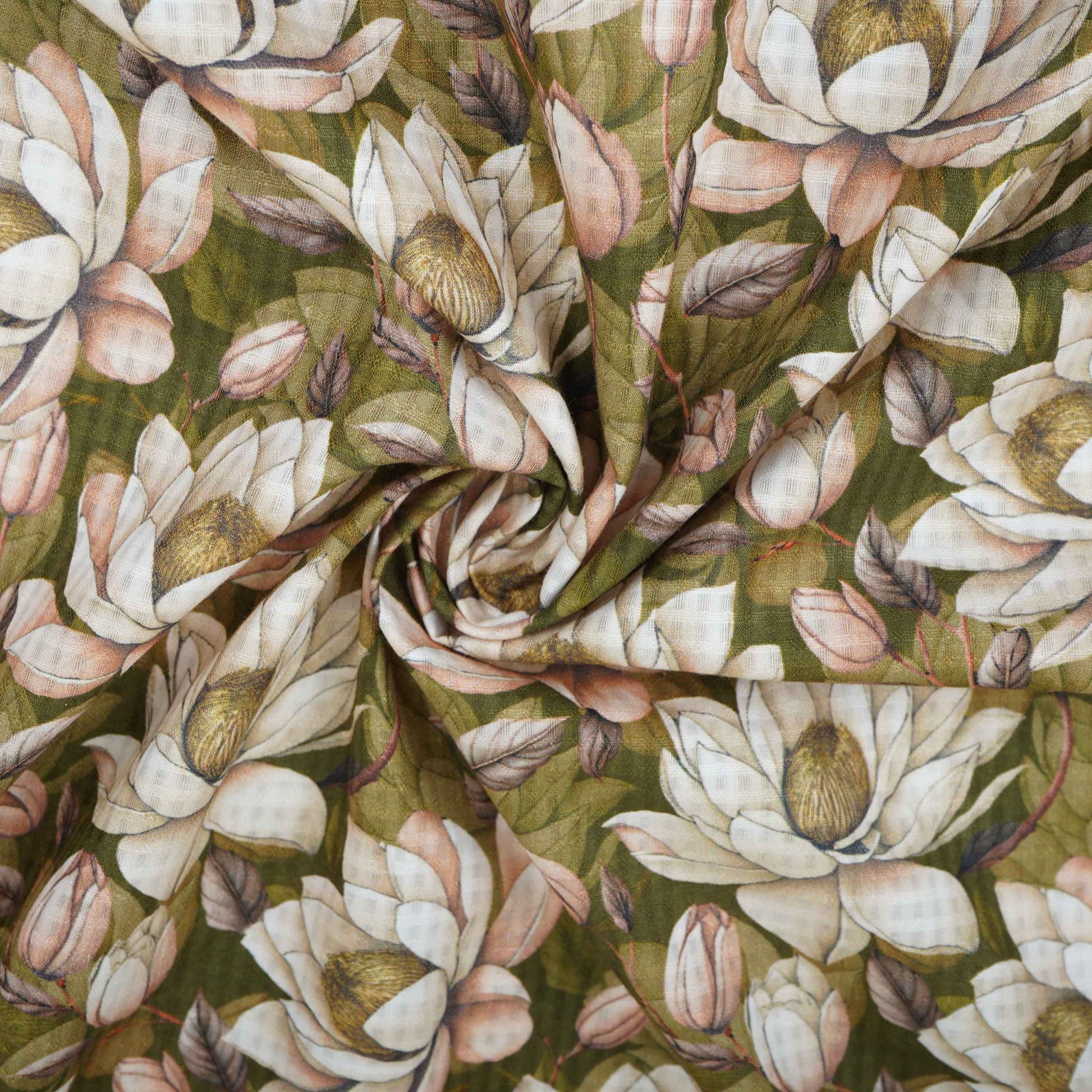 Olive Green with Cream floral print Cotton Checks Fabric PI-31847 - TradeUNO