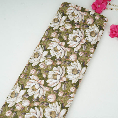 Olive Green with Cream floral print Cotton Checks Fabric PI-31847