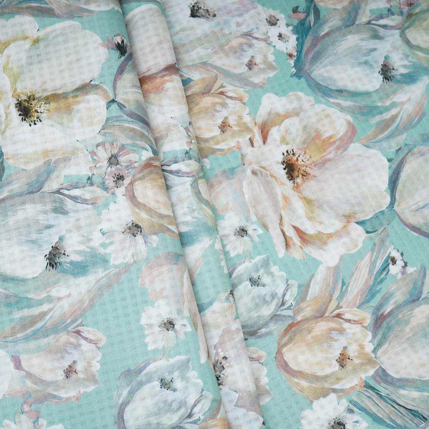 Aqua Blue floral print Cotton Checks Fabric PI-31848