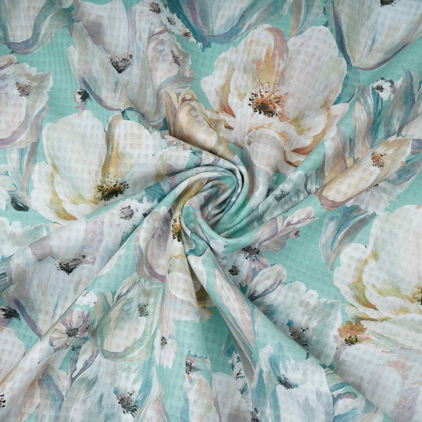 Aqua Blue floral print Cotton Checks Fabric PI-31848