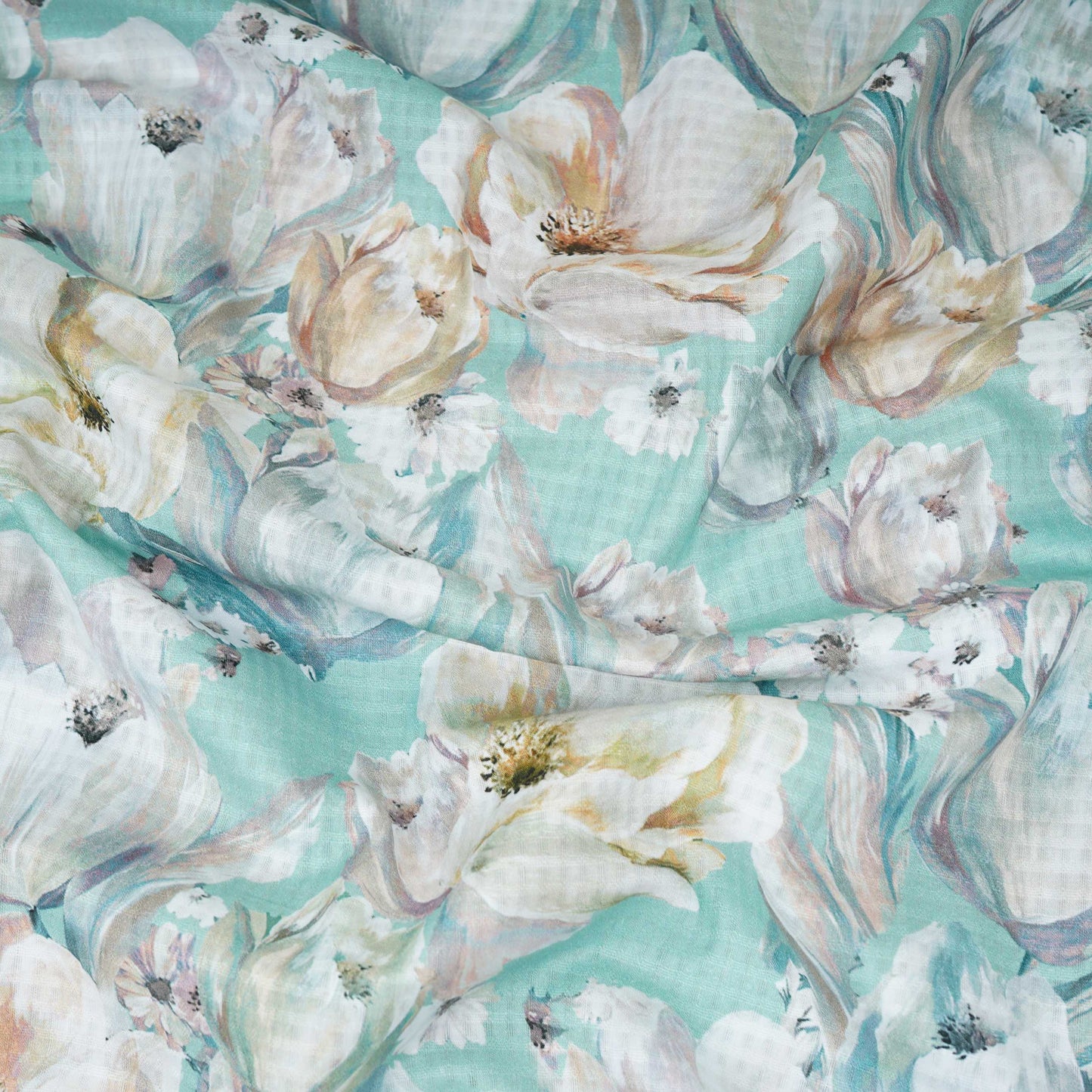 Aqua Blue floral print Cotton Checks Fabric PI-31848