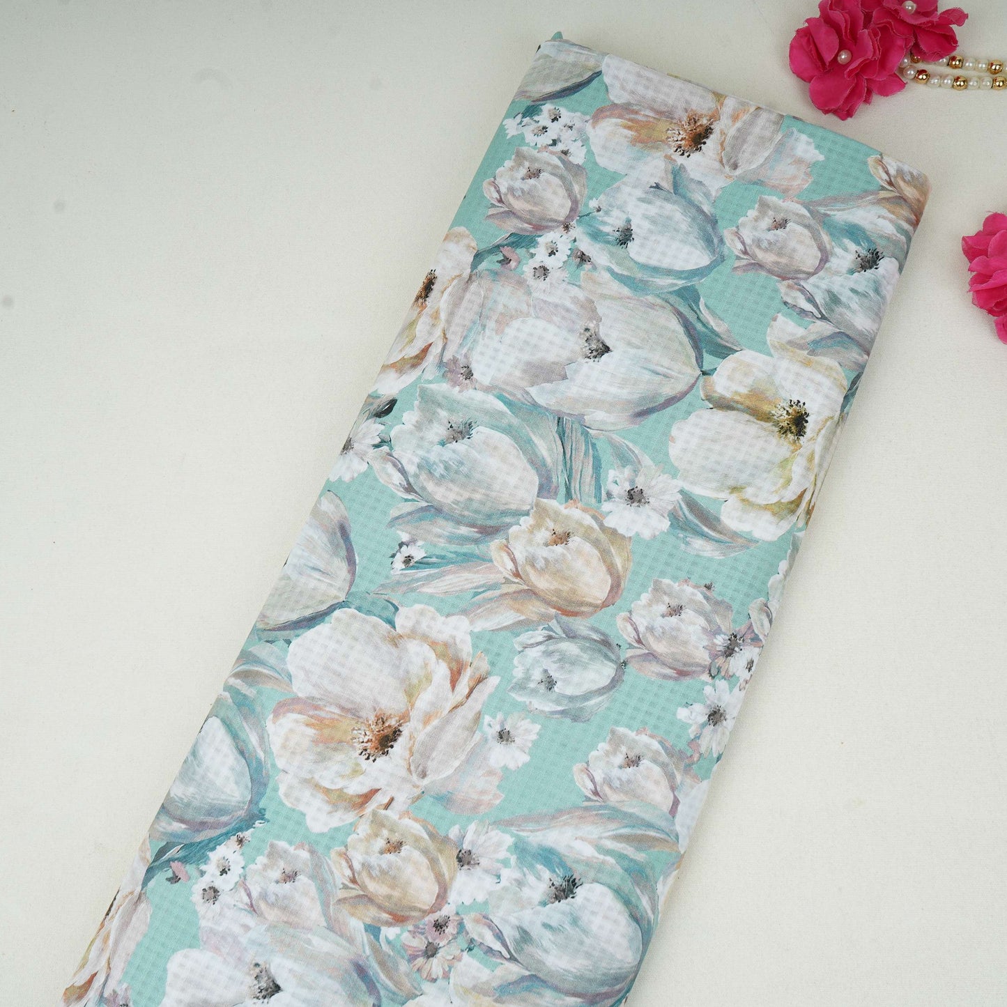 Aqua Blue floral print Cotton Checks Fabric PI-31848