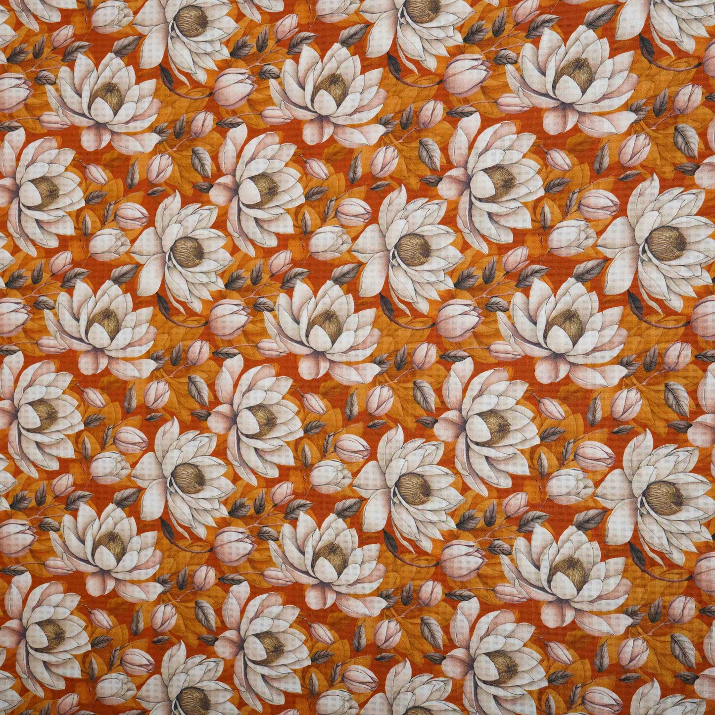 Mustard Brown floral print Cotton Checks Fabric PI-31849