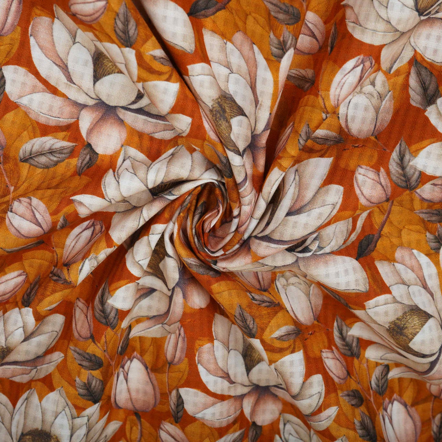 Mustard Brown floral print Cotton Checks Fabric PI-31849