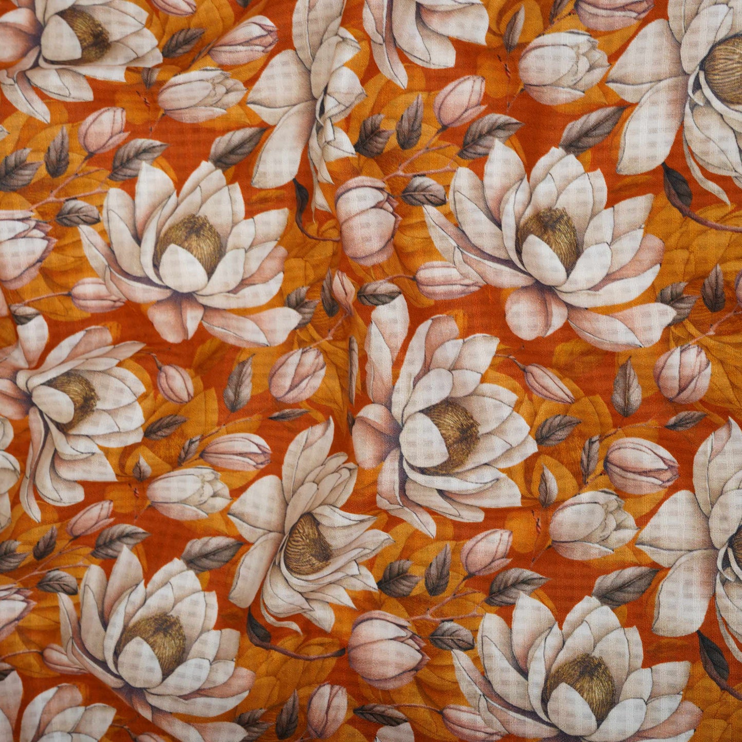 Mustard Brown floral print Cotton Checks Fabric PI-31849