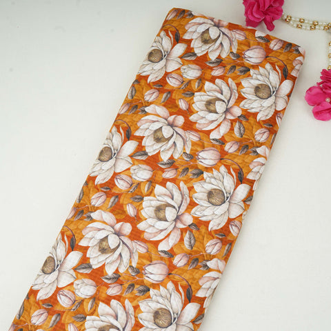 Mustard Brown floral print Cotton Checks Fabric PI-31849