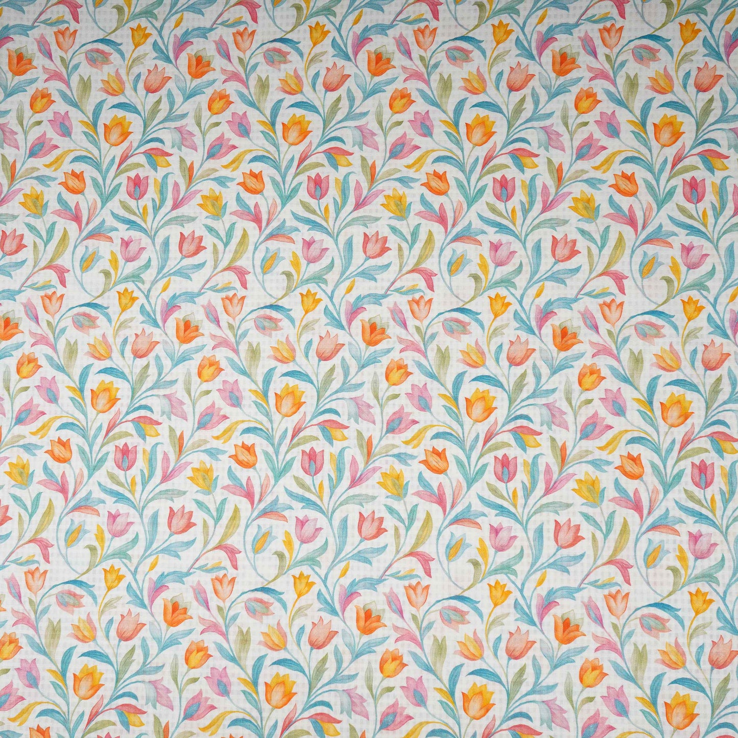 Off White with Multicolor floral print Cotton Checks Fabric PI-31842 - TradeUNO