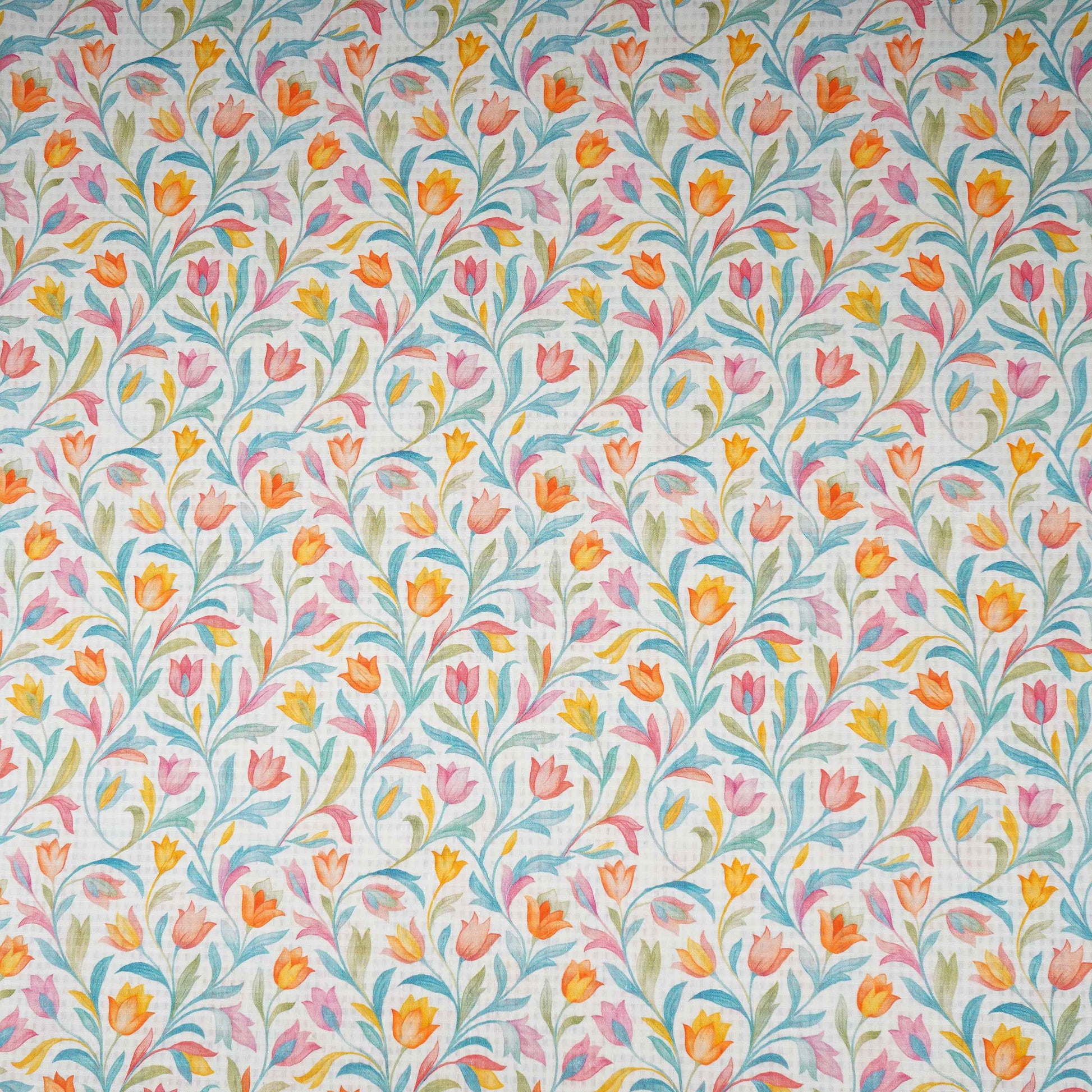 Off White with Multicolor floral print Cotton Checks Fabric PI-31842 - TradeUNO