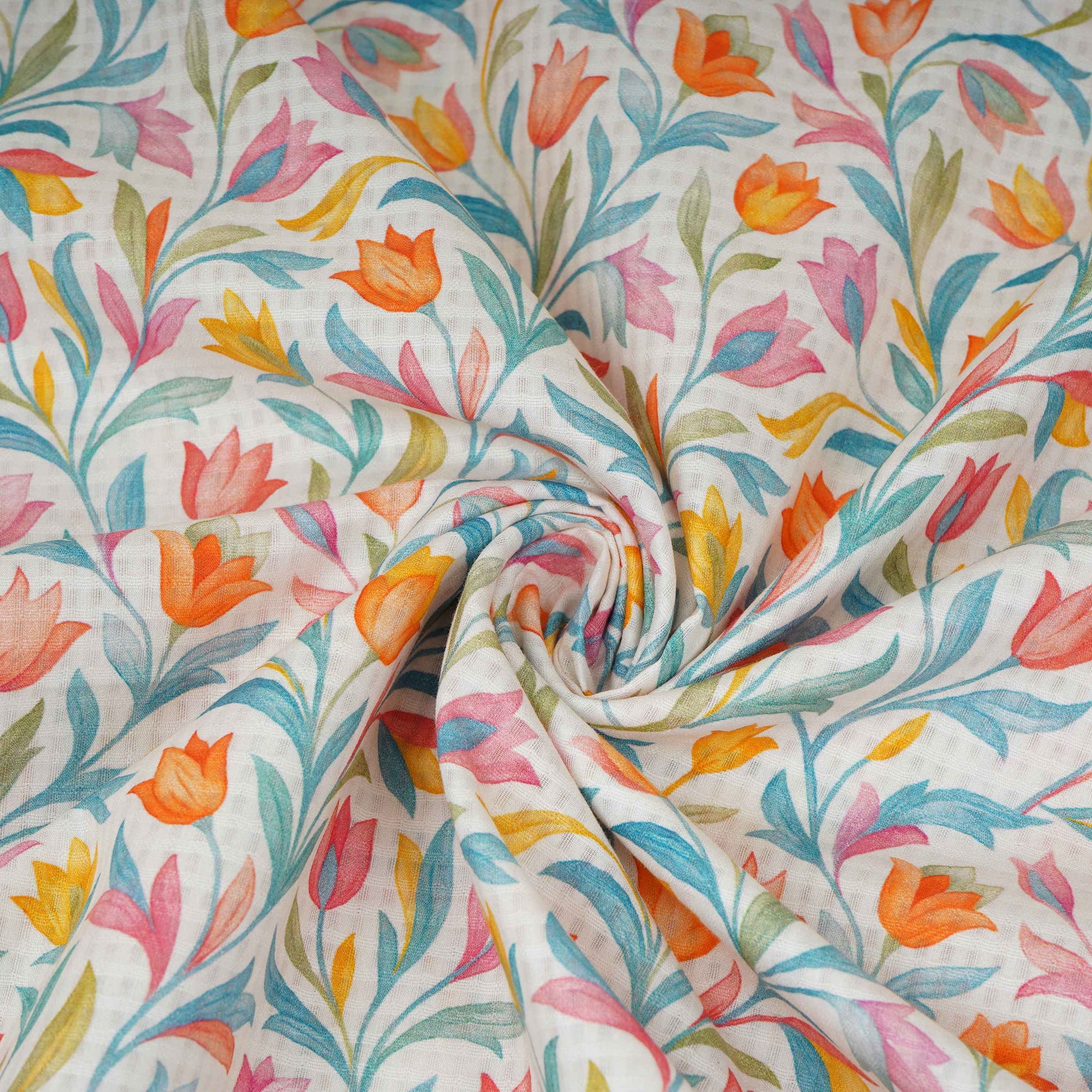 Off White with Multicolor floral print Cotton Checks Fabric PI-31842 - TradeUNO
