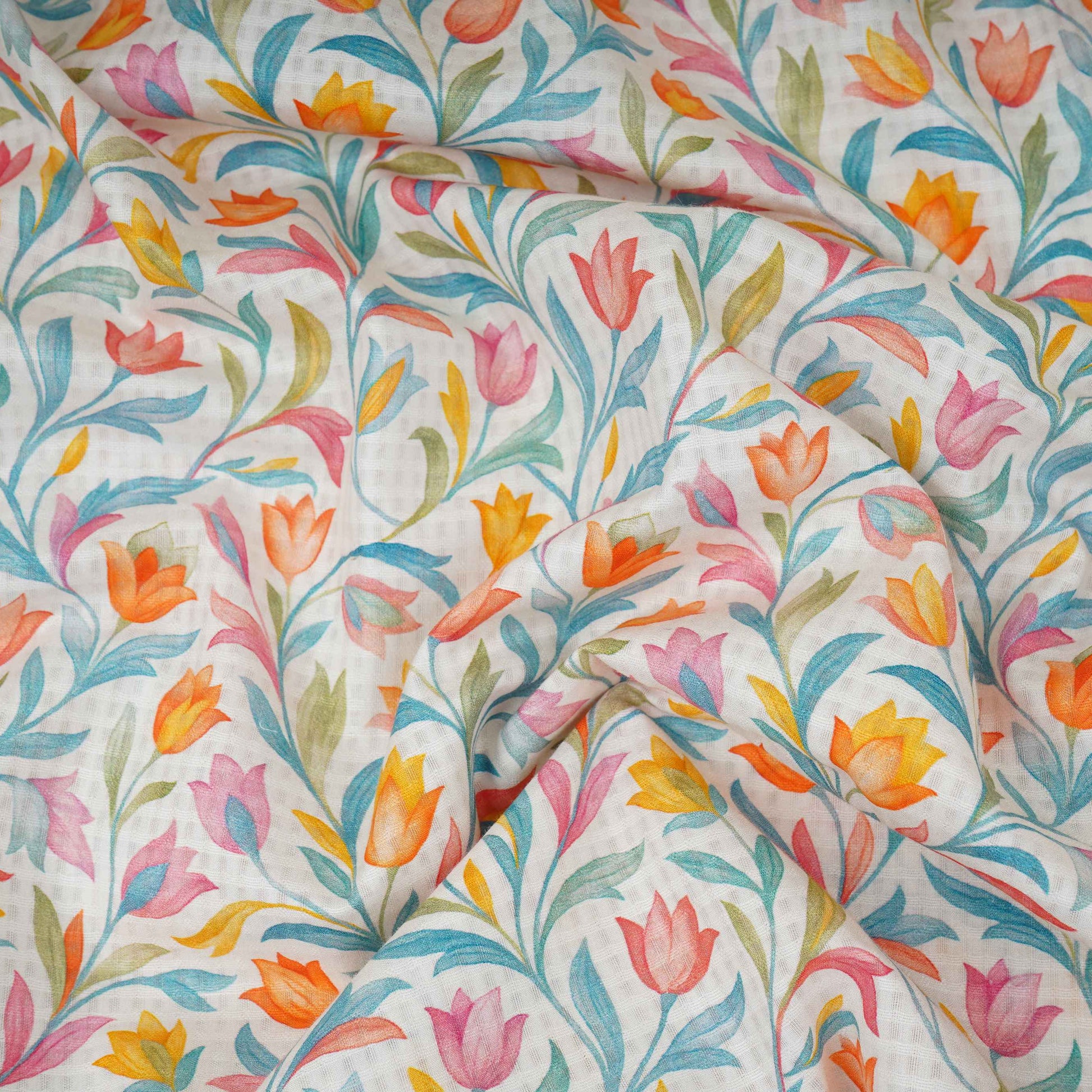 Off White with Multicolor floral print Cotton Checks Fabric PI-31842 - TradeUNO