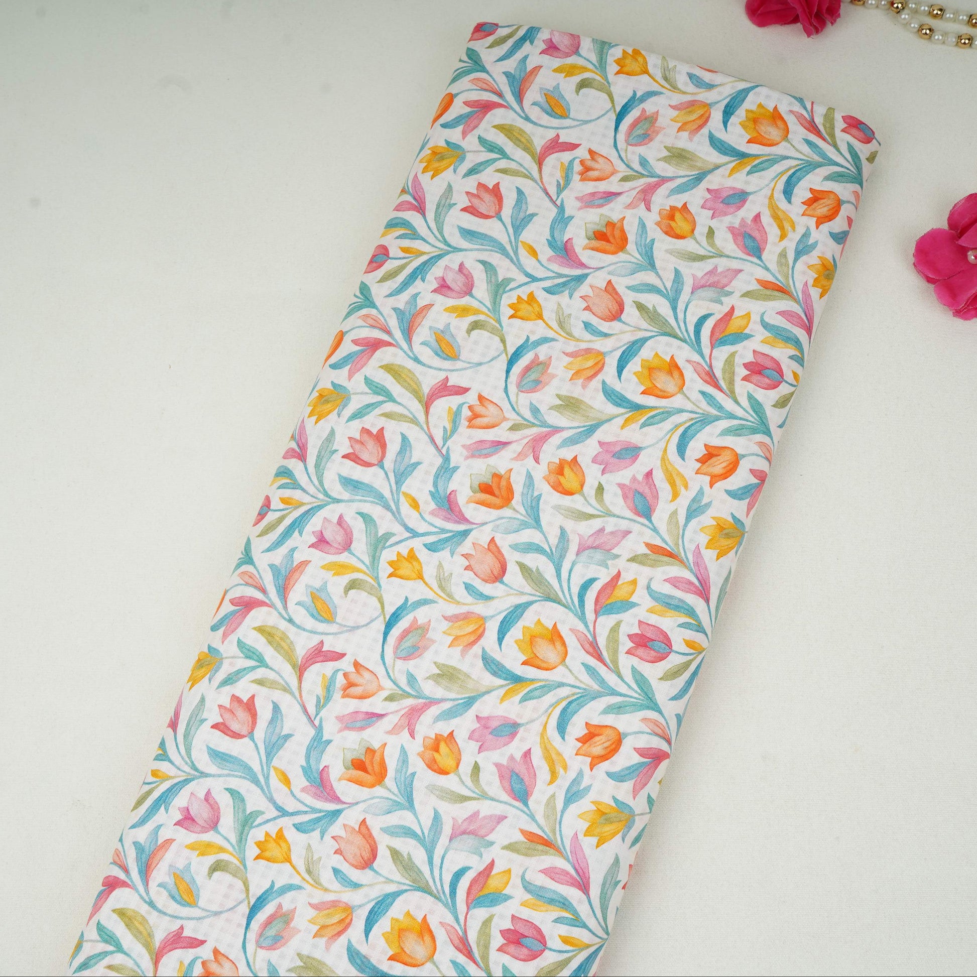 Off White with Multicolor floral print Cotton Checks Fabric PI-31842 - TradeUNO