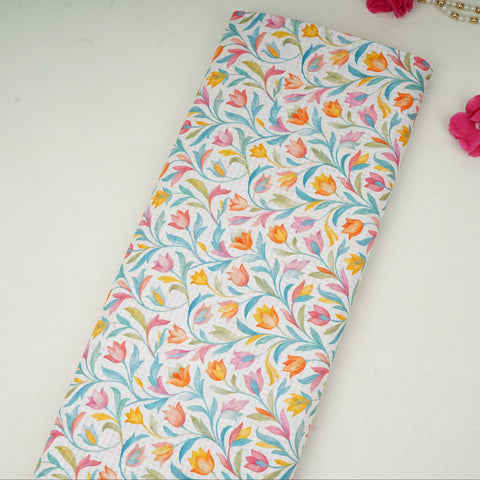 Off White with Multicolor floral print Cotton Checks Fabric PI-31842