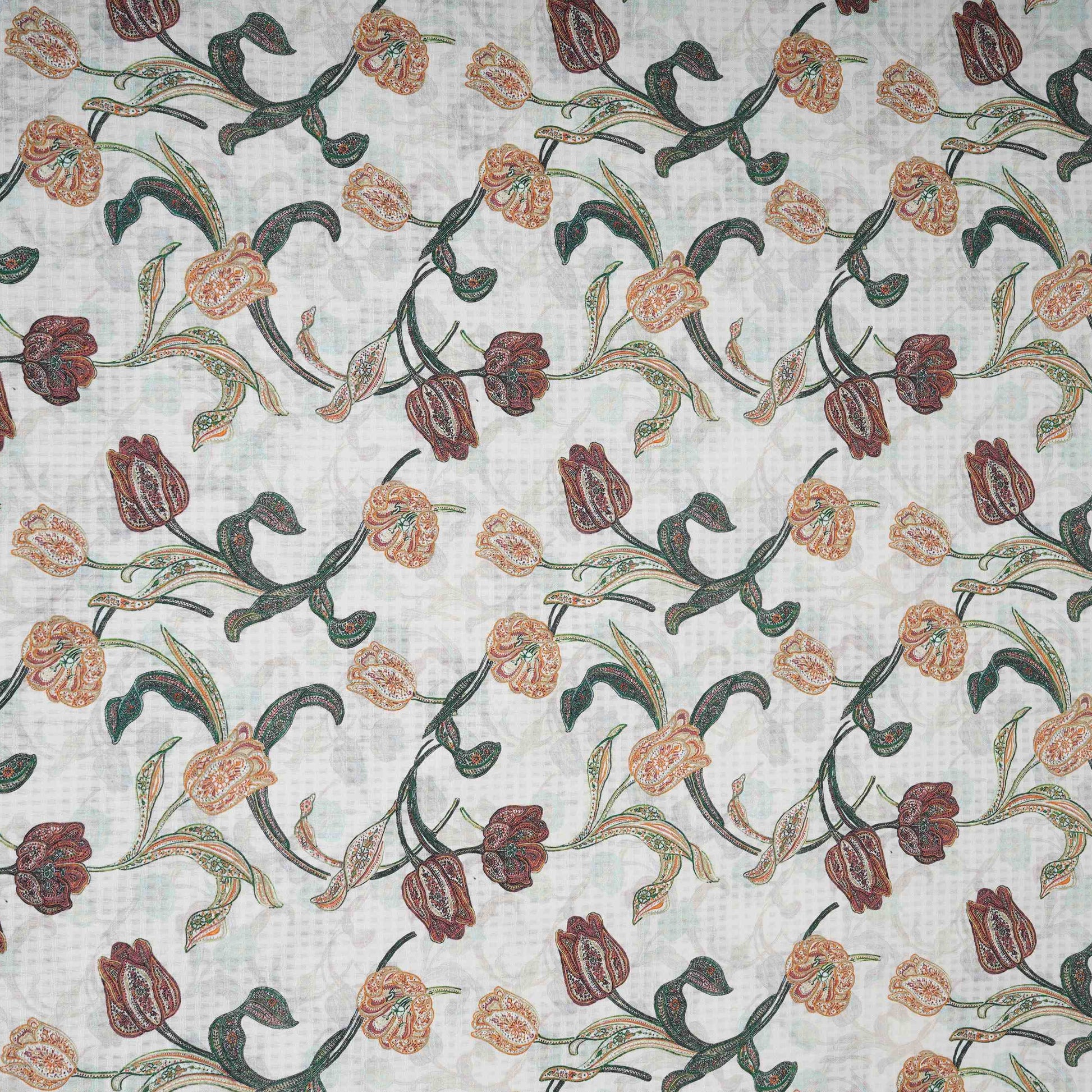 Cream floral print Cotton Checks Fabric PI-31843 - TradeUNO