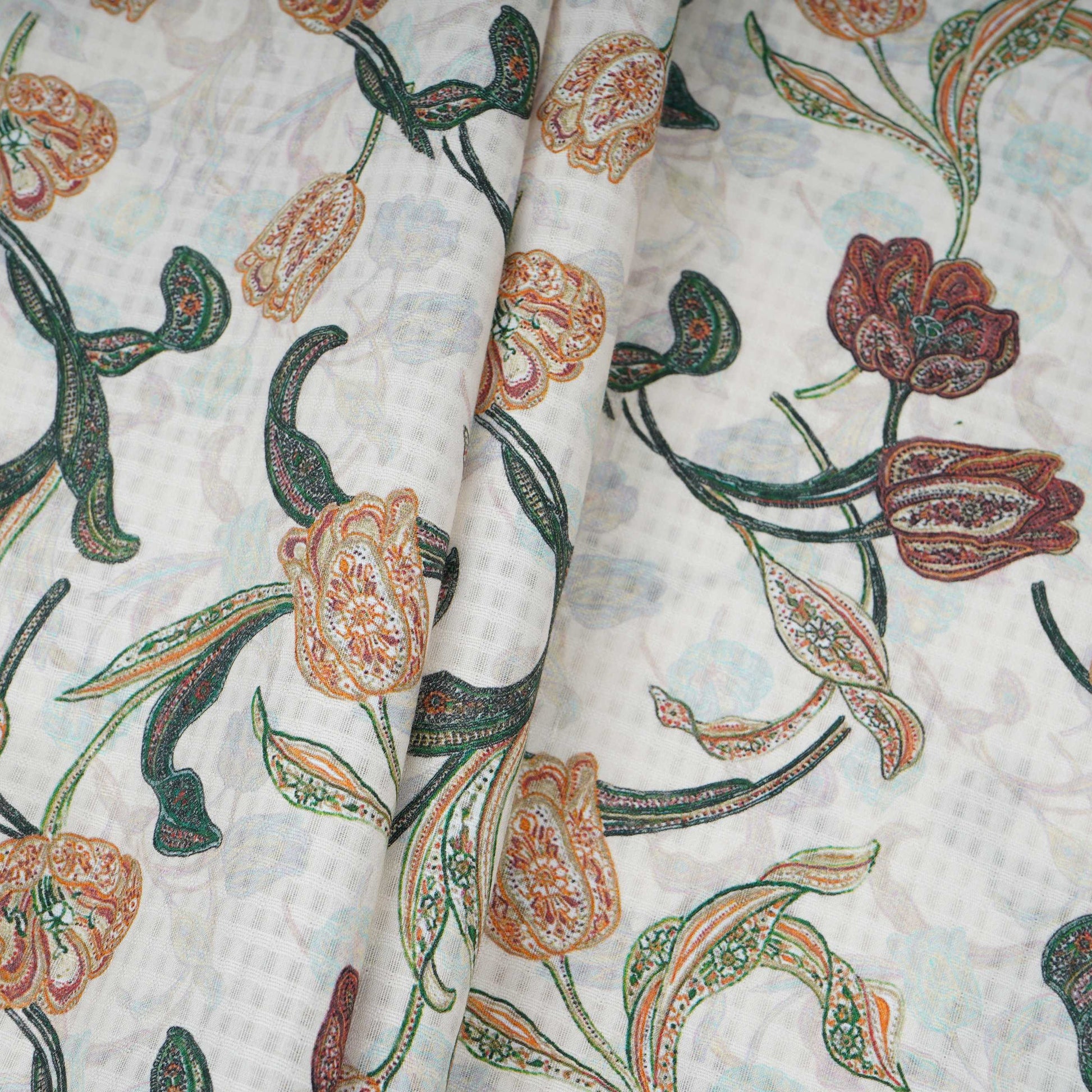 Cream floral print Cotton Checks Fabric PI-31843 - TradeUNO