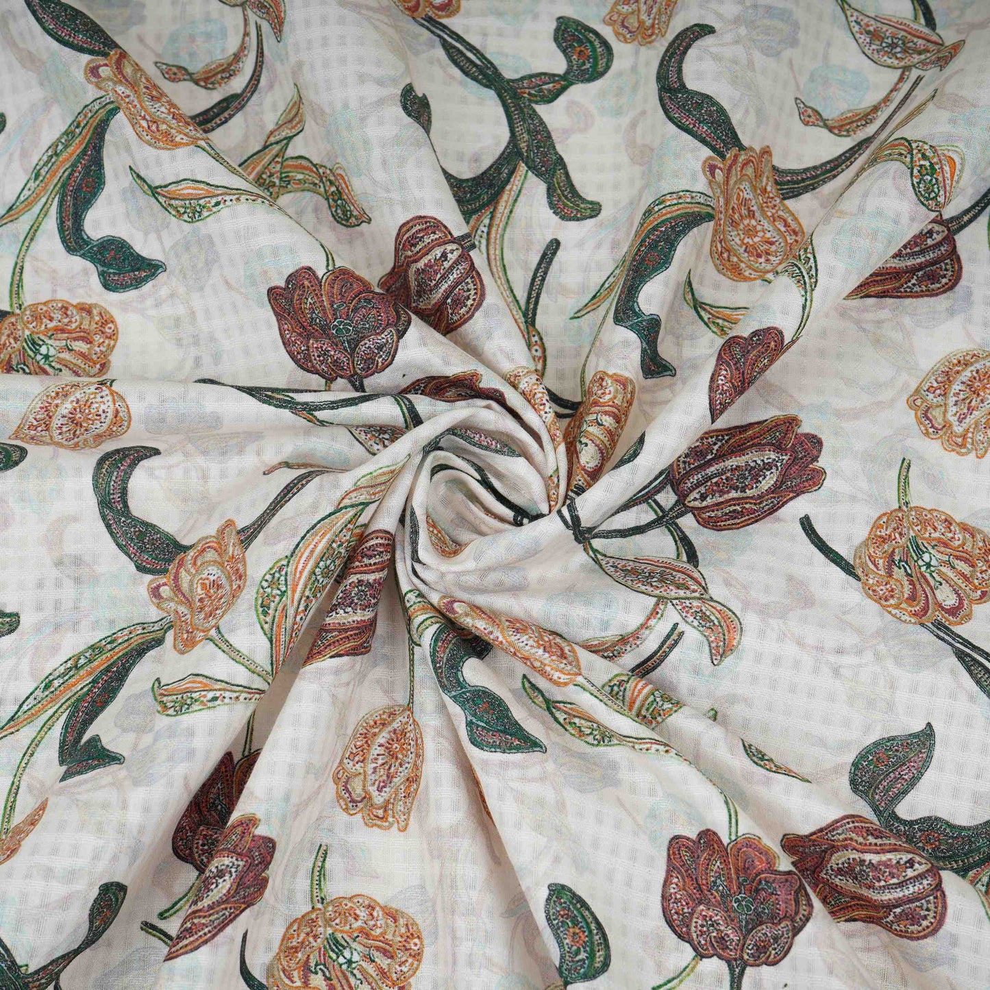 Cream floral print Cotton Checks Fabric PI-31843 - TradeUNO
