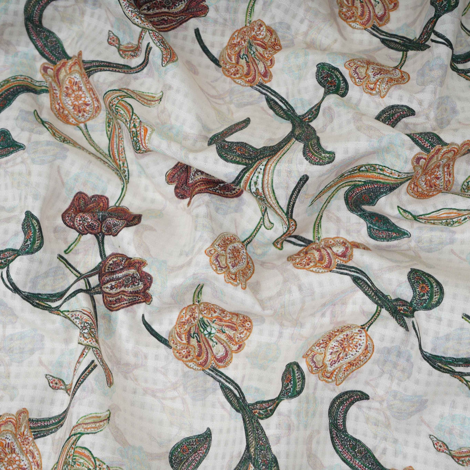 Cream floral print Cotton Checks Fabric PI-31843 - TradeUNO