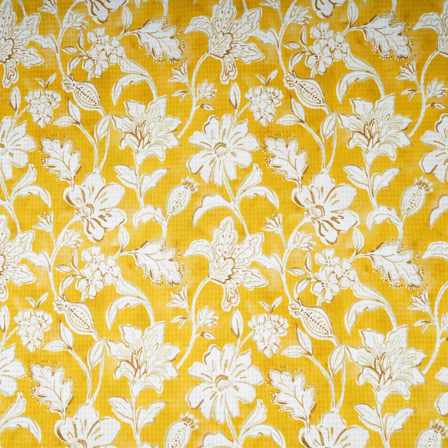 Mustard Yellow floral print Cotton Checks Fabric PI-31851