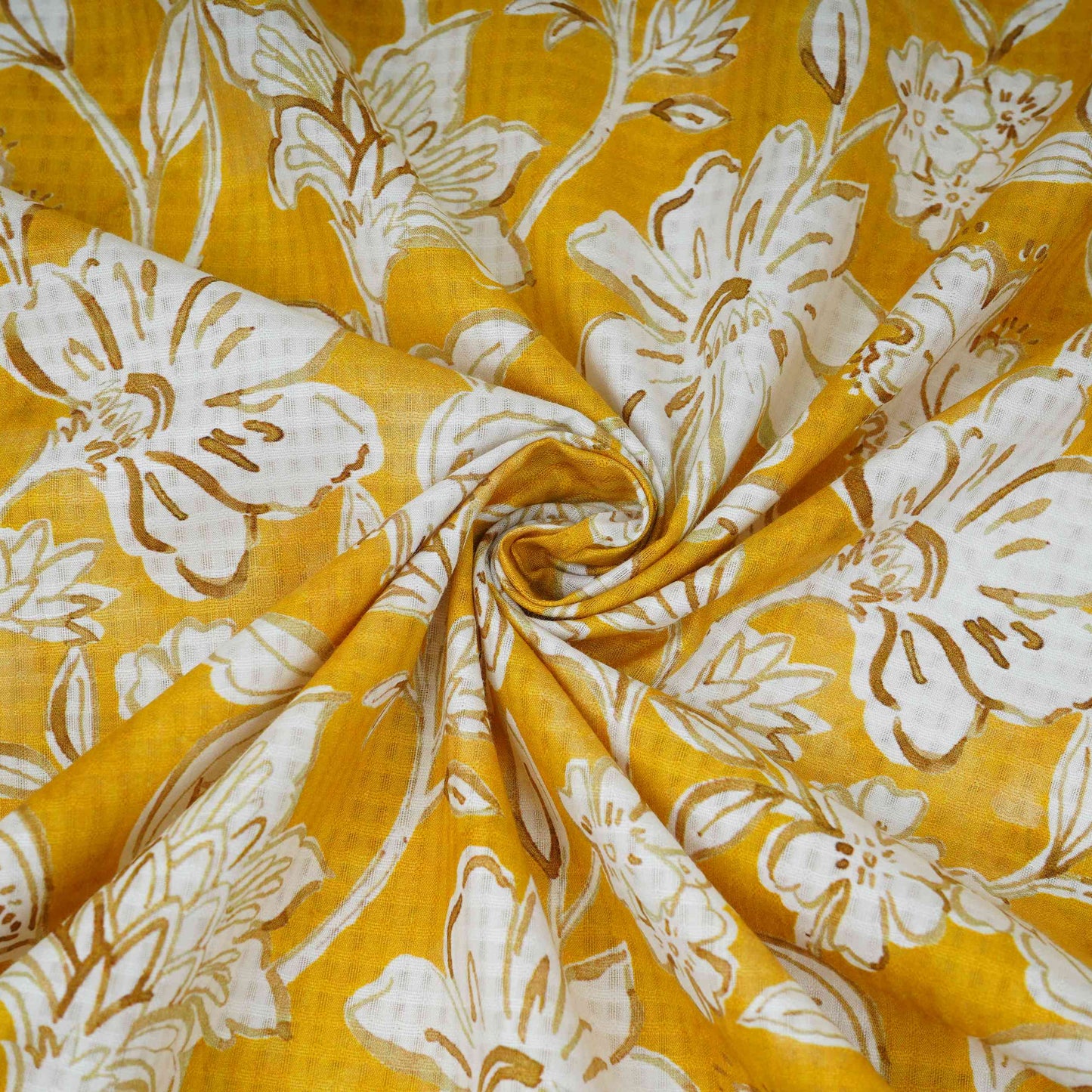 Mustard Yellow floral print Cotton Checks Fabric PI-31851