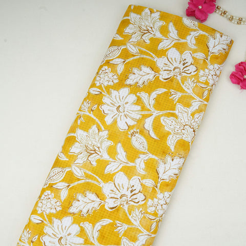 Mustard Yellow floral print Cotton Checks Fabric PI-31851