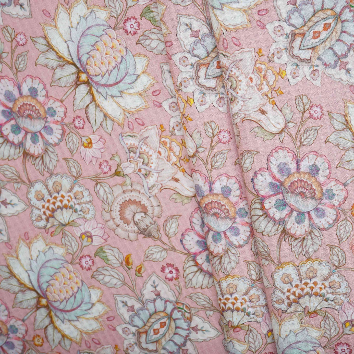 Dusty Pink floral print Cotton Checks Fabric PI-31850