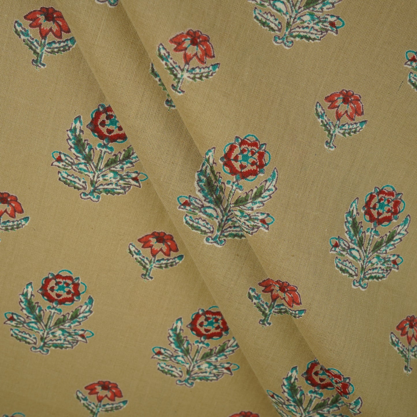 Beige & Red Floral Print Cotton Fabric MFR-29885