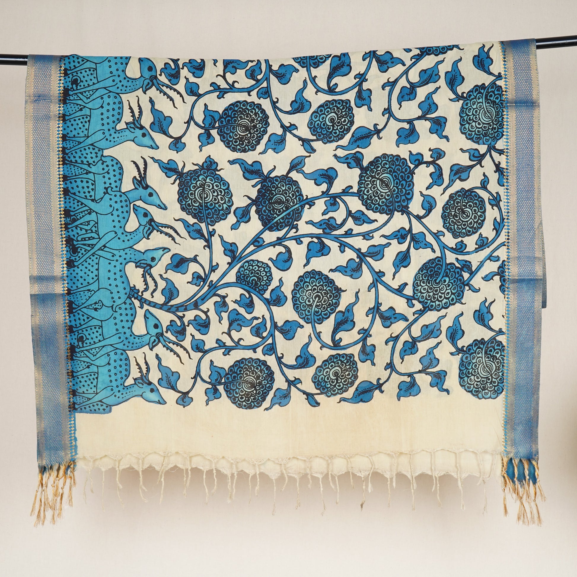 Beige & Blue Pen Kalamkari Cotton Silk Dupatta
