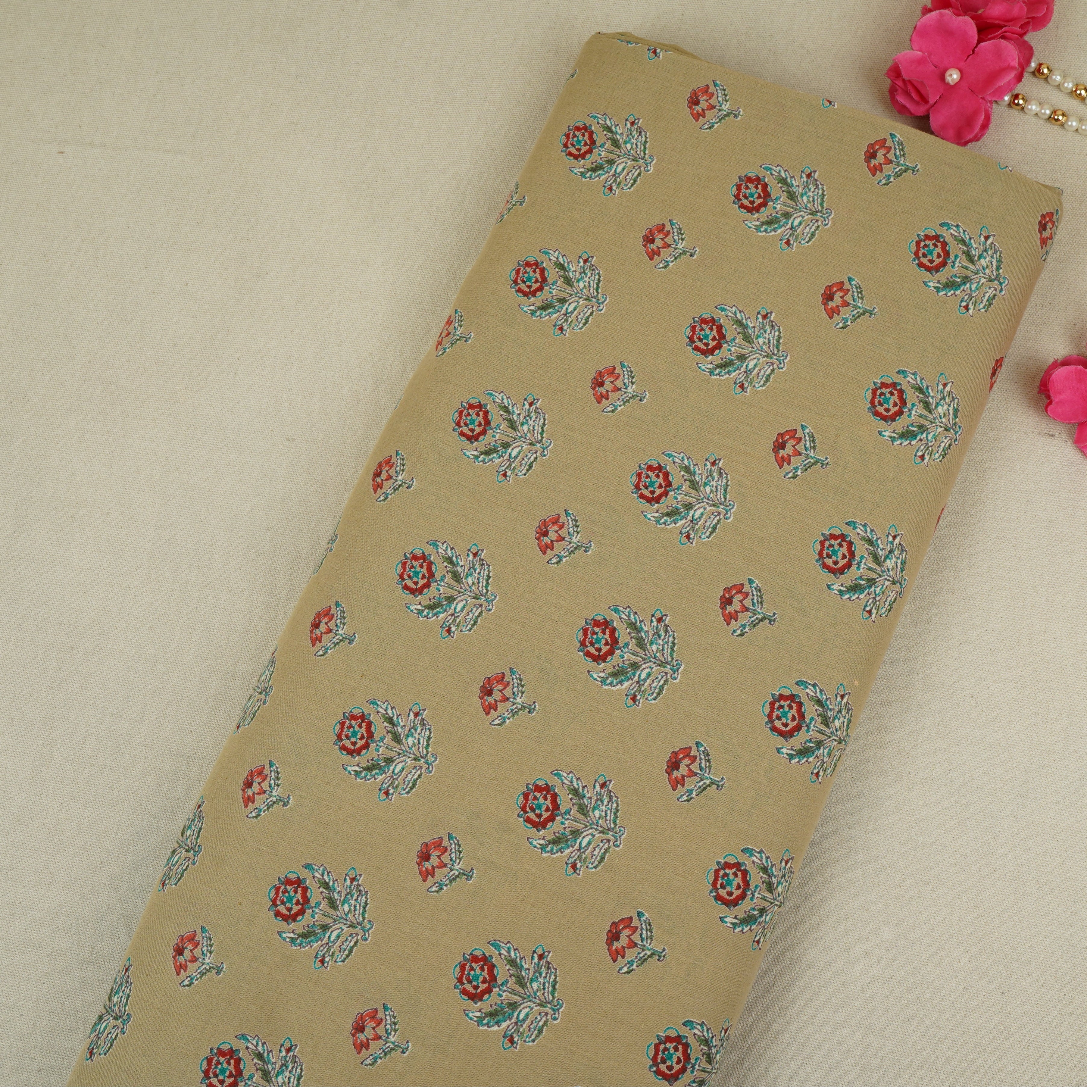 Beige & Red Floral Print Cotton Fabric MFR-29885 - TradeUNO
