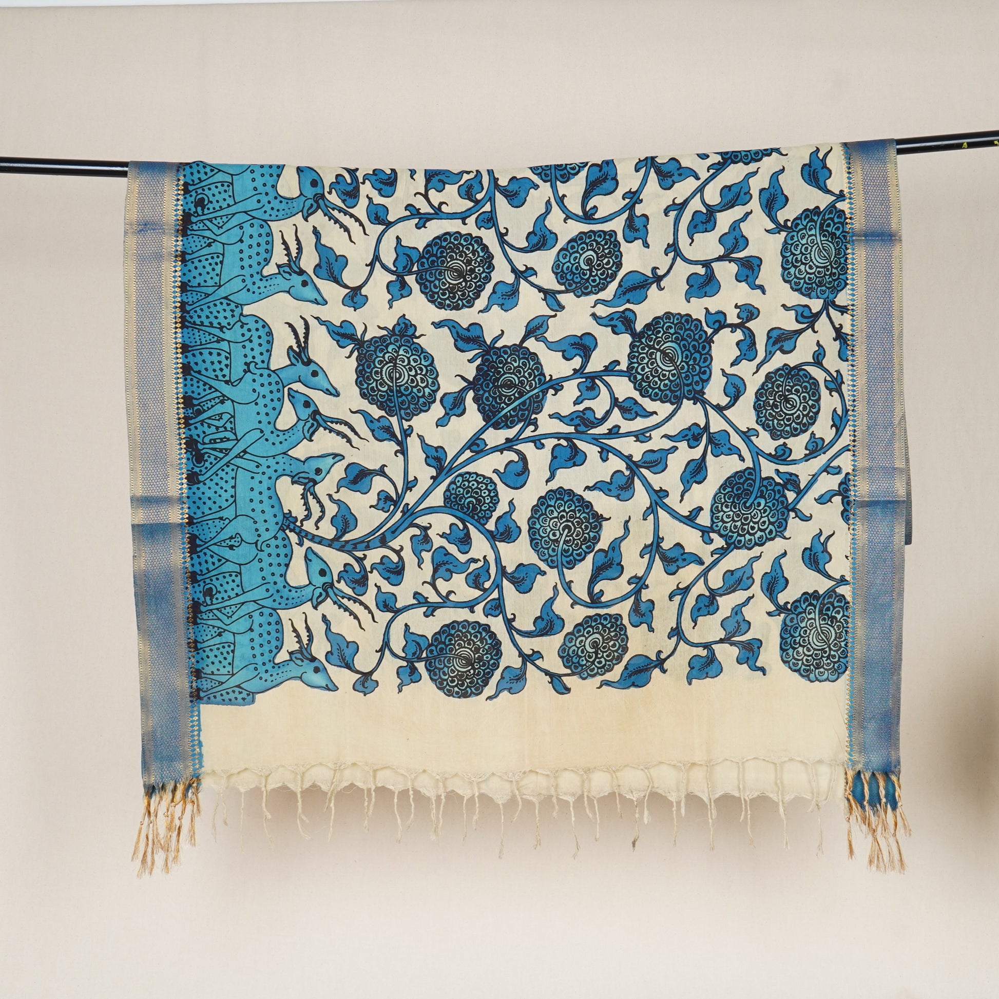 Beige & Blue Pen Kalamkari Cotton Silk Dupatta