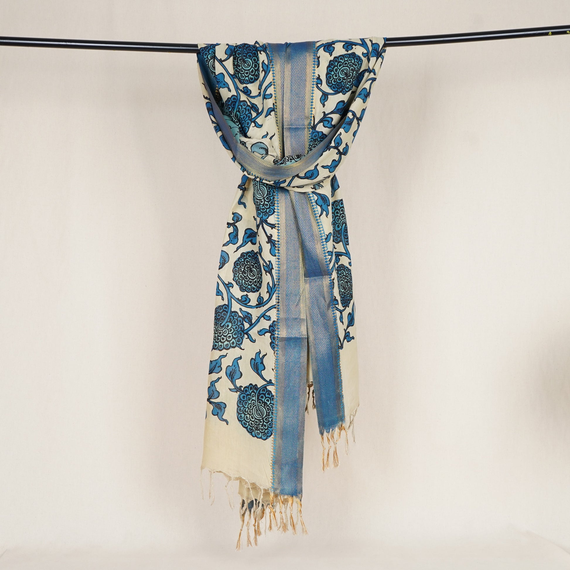 Beige & Blue Pen Kalamkari Cotton Silk Dupatta