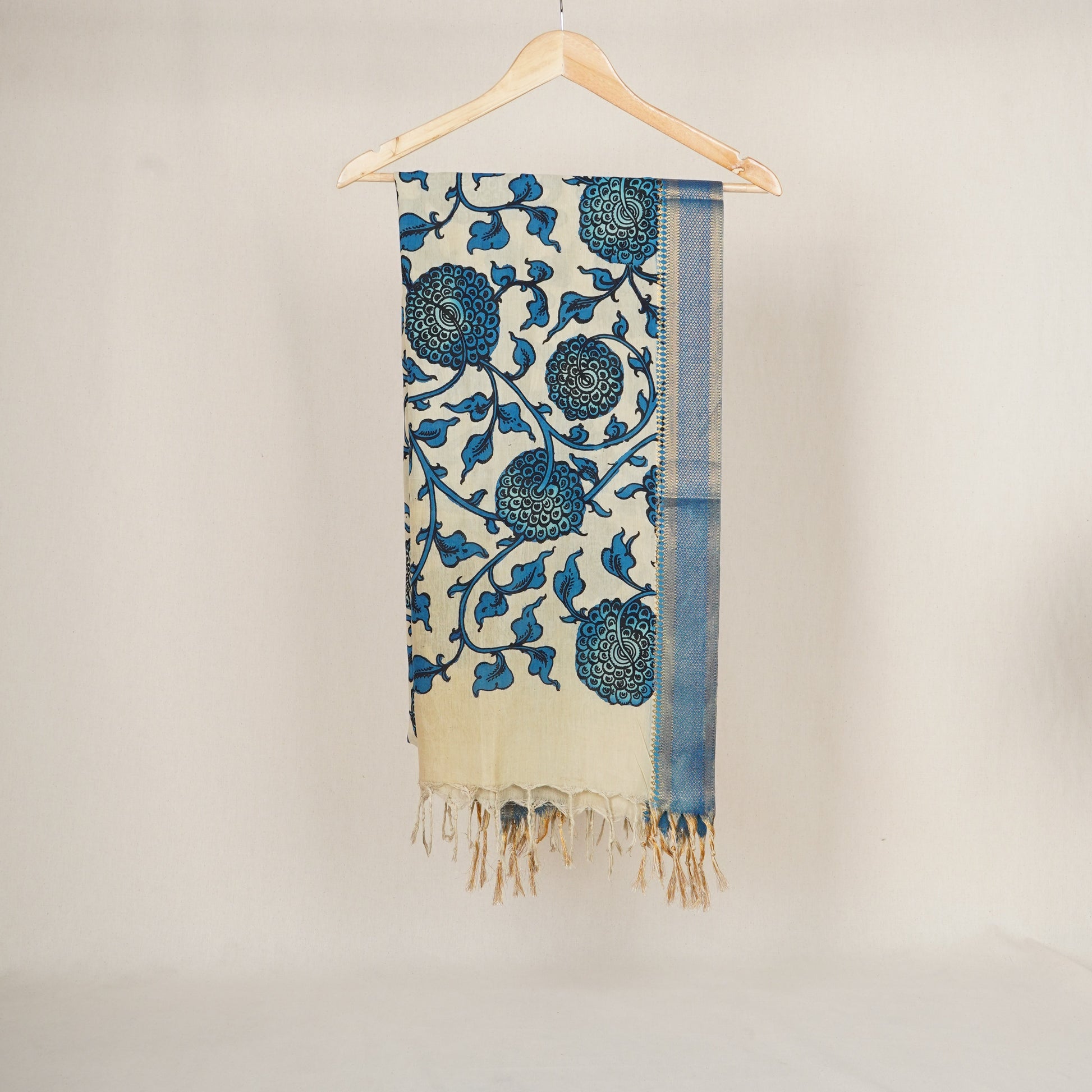 Beige & Blue Pen Kalamkari Cotton Silk Dupatta