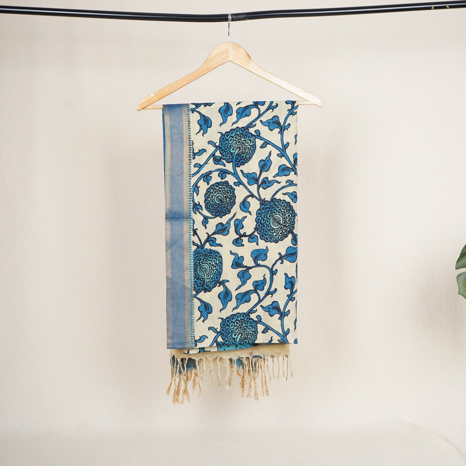 Beige & Blue Pen Kalamkari Cotton Silk Dupatta