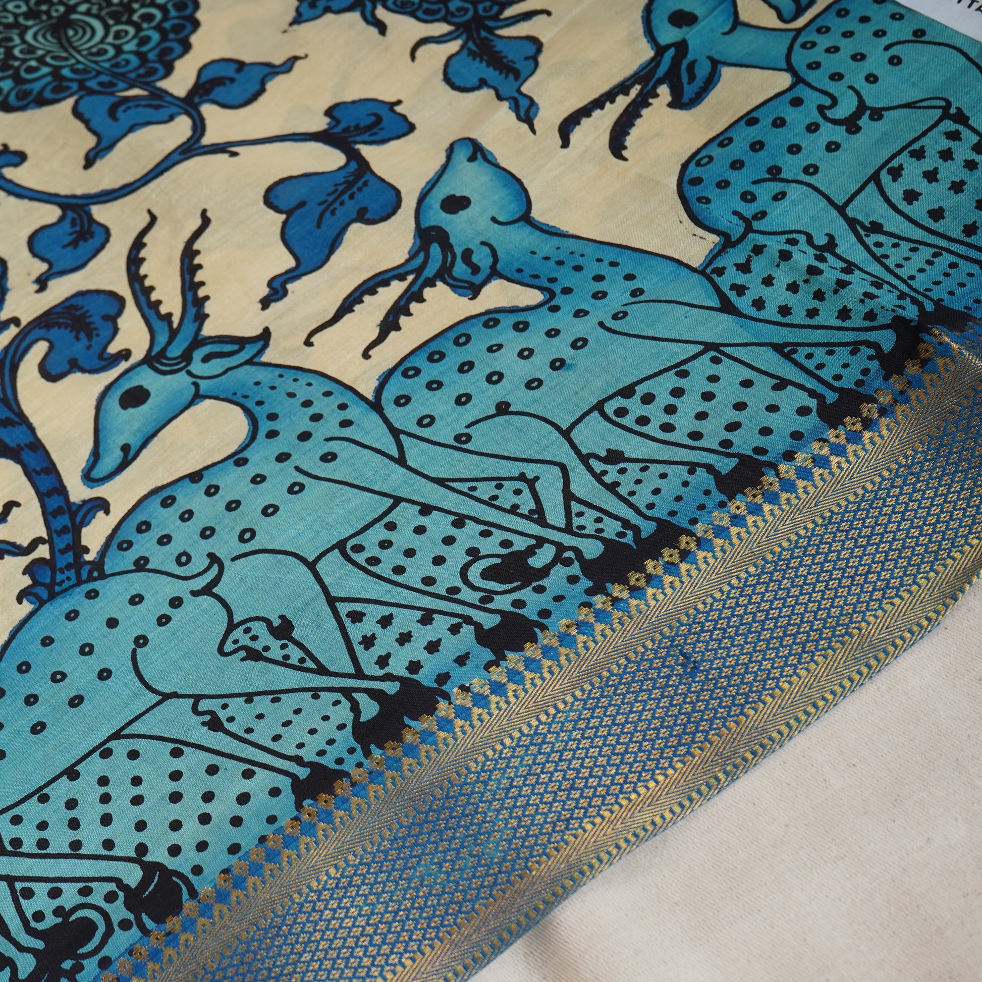 Beige & Blue Pen Kalamkari Cotton Silk Dupatta