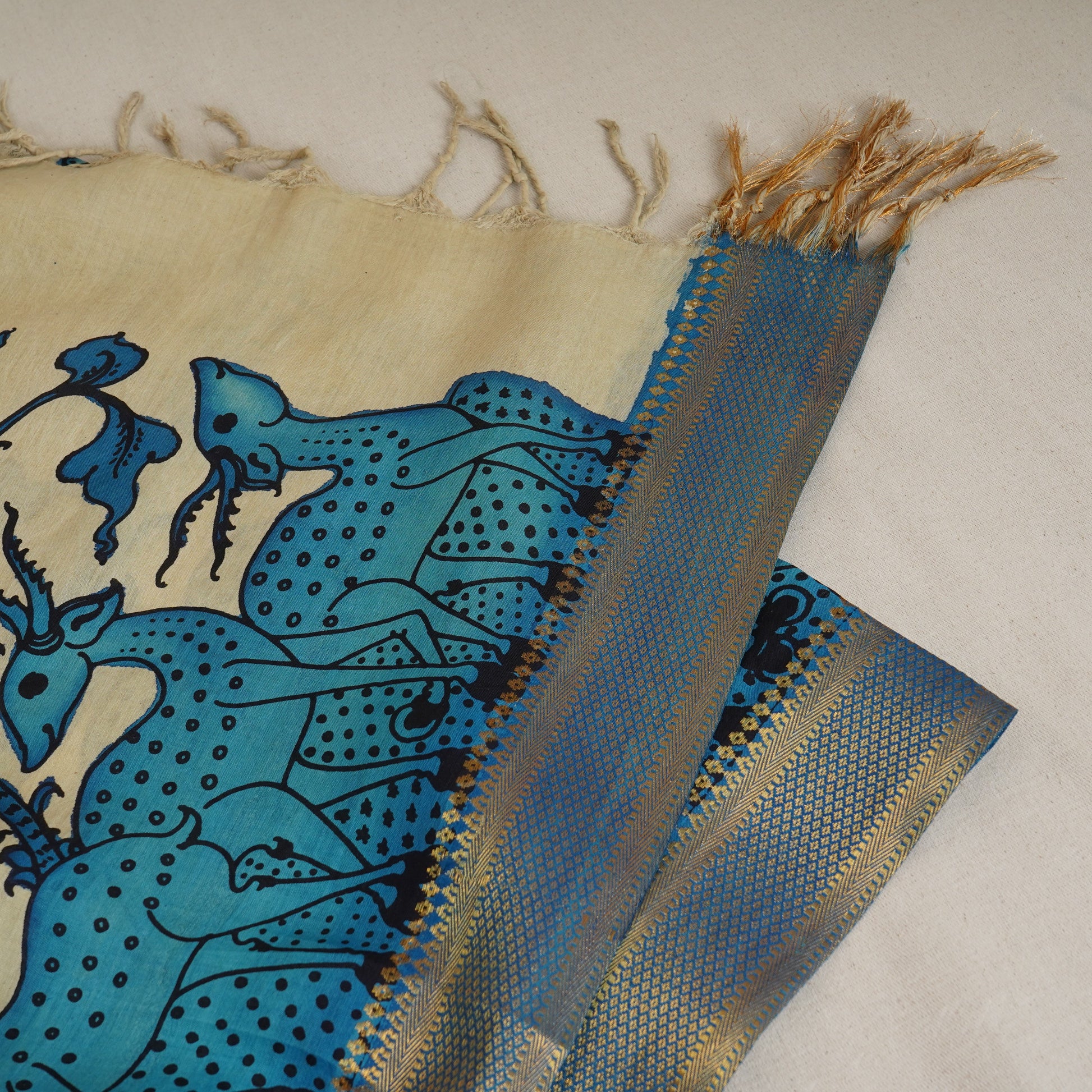 Beige & Blue Pen Kalamkari Cotton Silk Dupatta