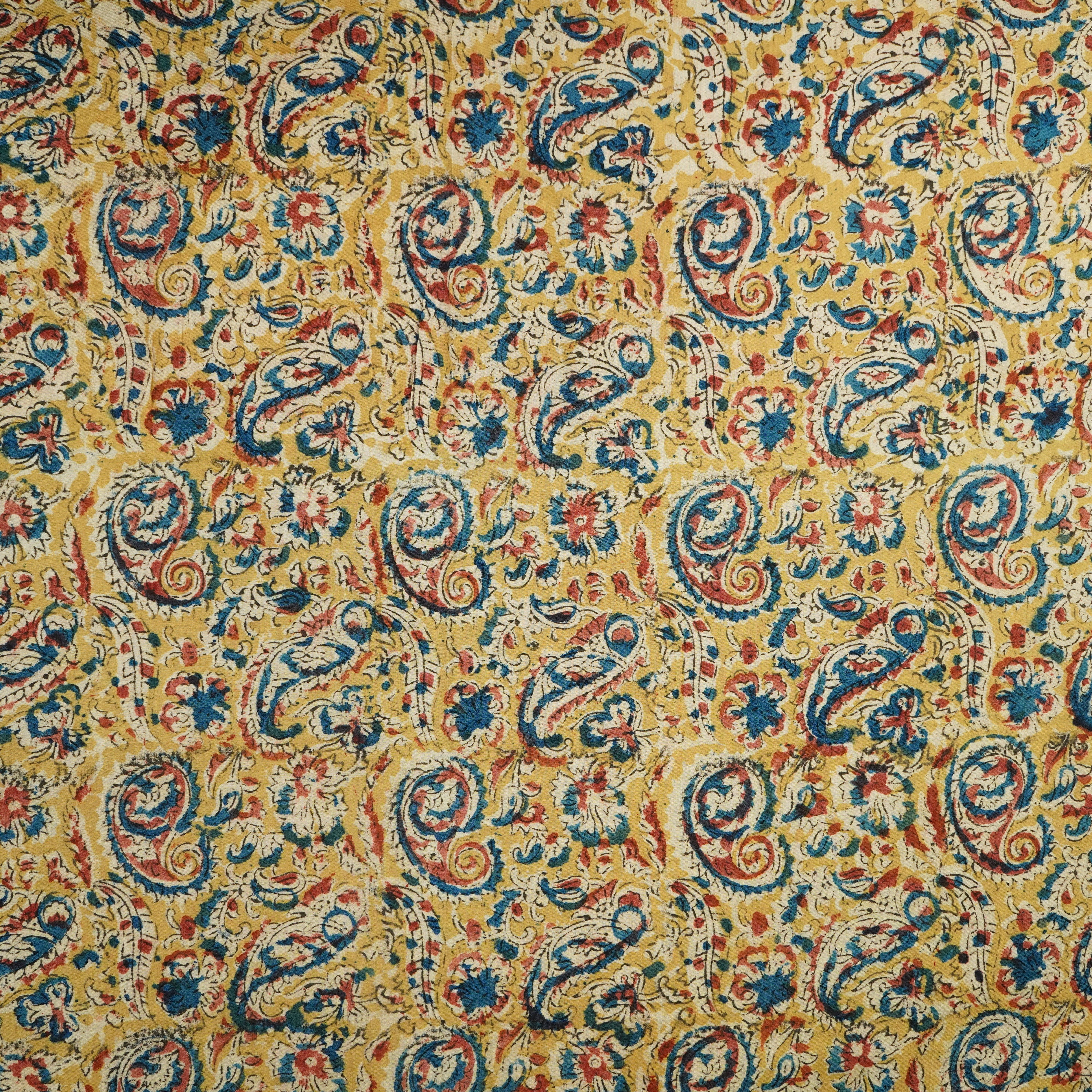 Mustard Yellow Kalamkari Print Cotton Fabric MFR-29842 - TradeUNO