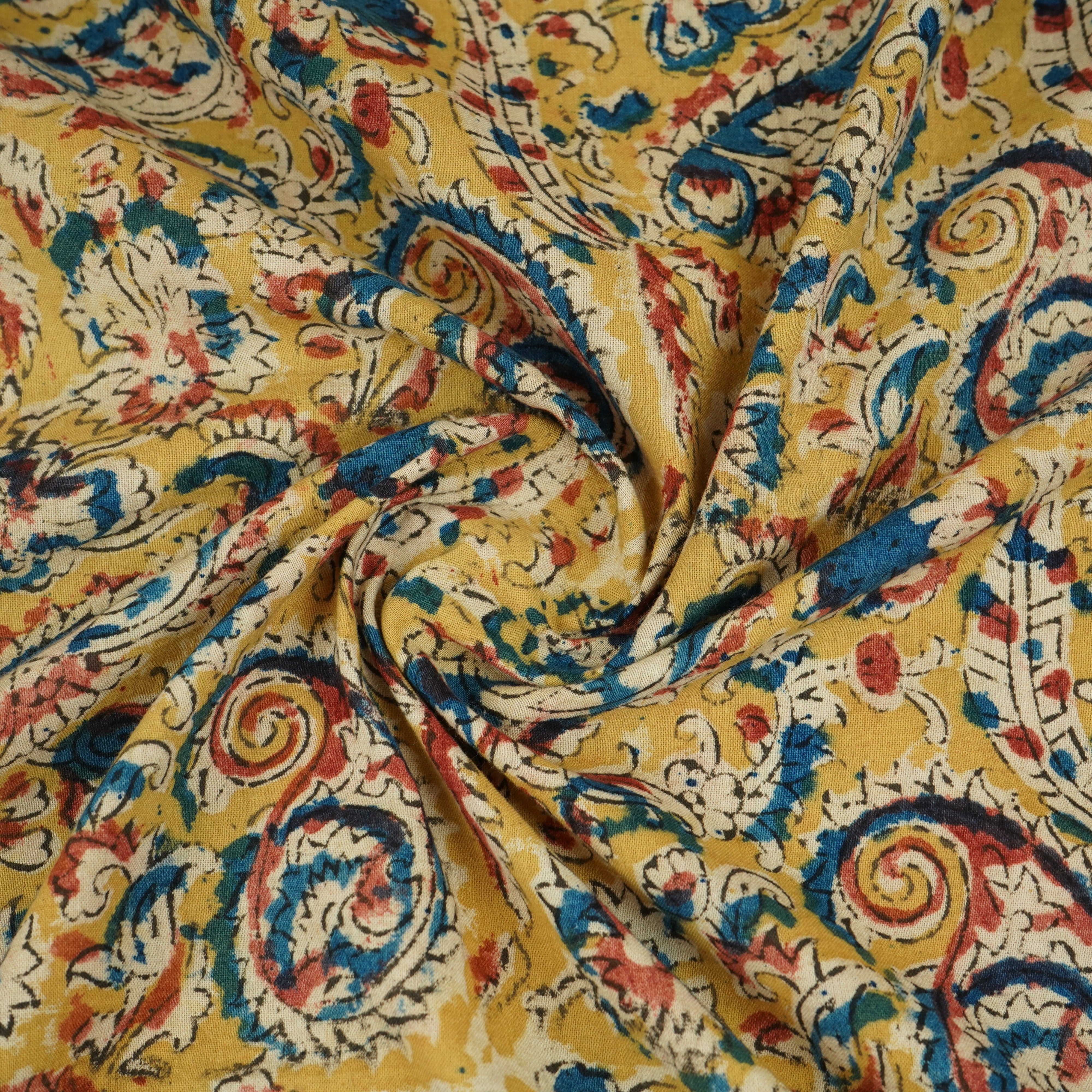Mustard Yellow Kalamkari Print Cotton Fabric MFR-29842 - TradeUNO