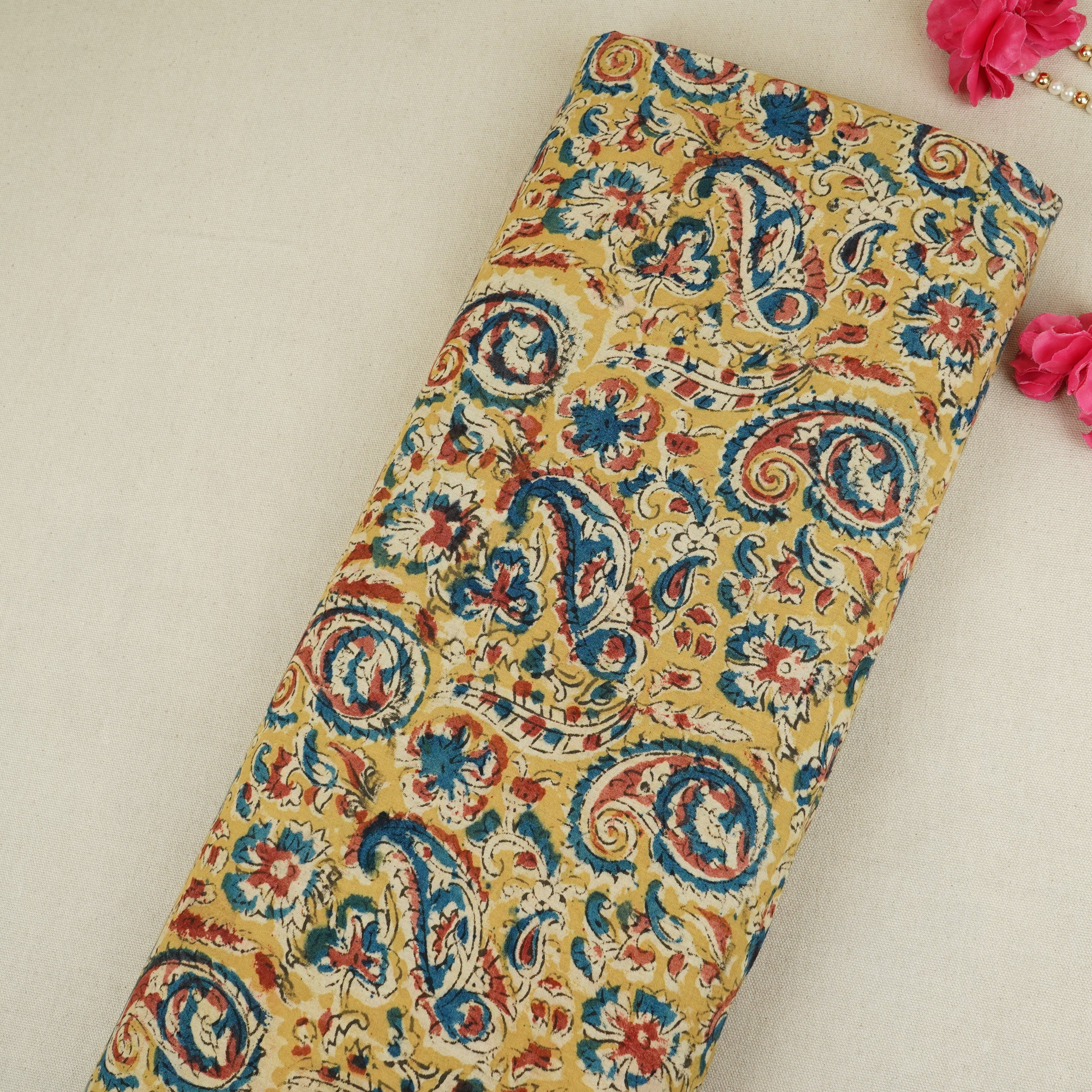 Mustard Yellow Kalamkari Print Cotton Fabric MFR-29842 - TradeUNO