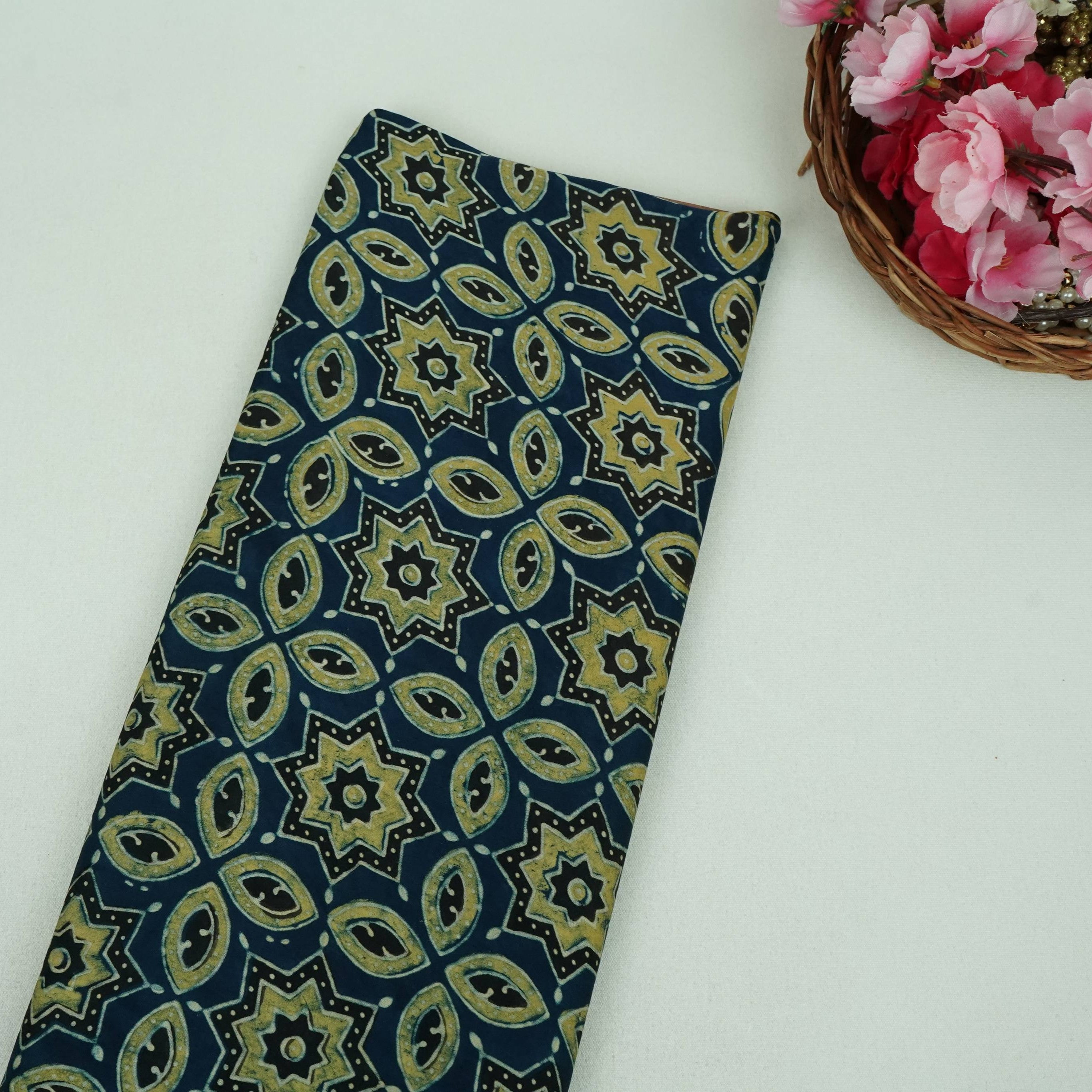 Navy Blue Ajrakh Modal Satin Fabric Modal Ajrakh IA-26890