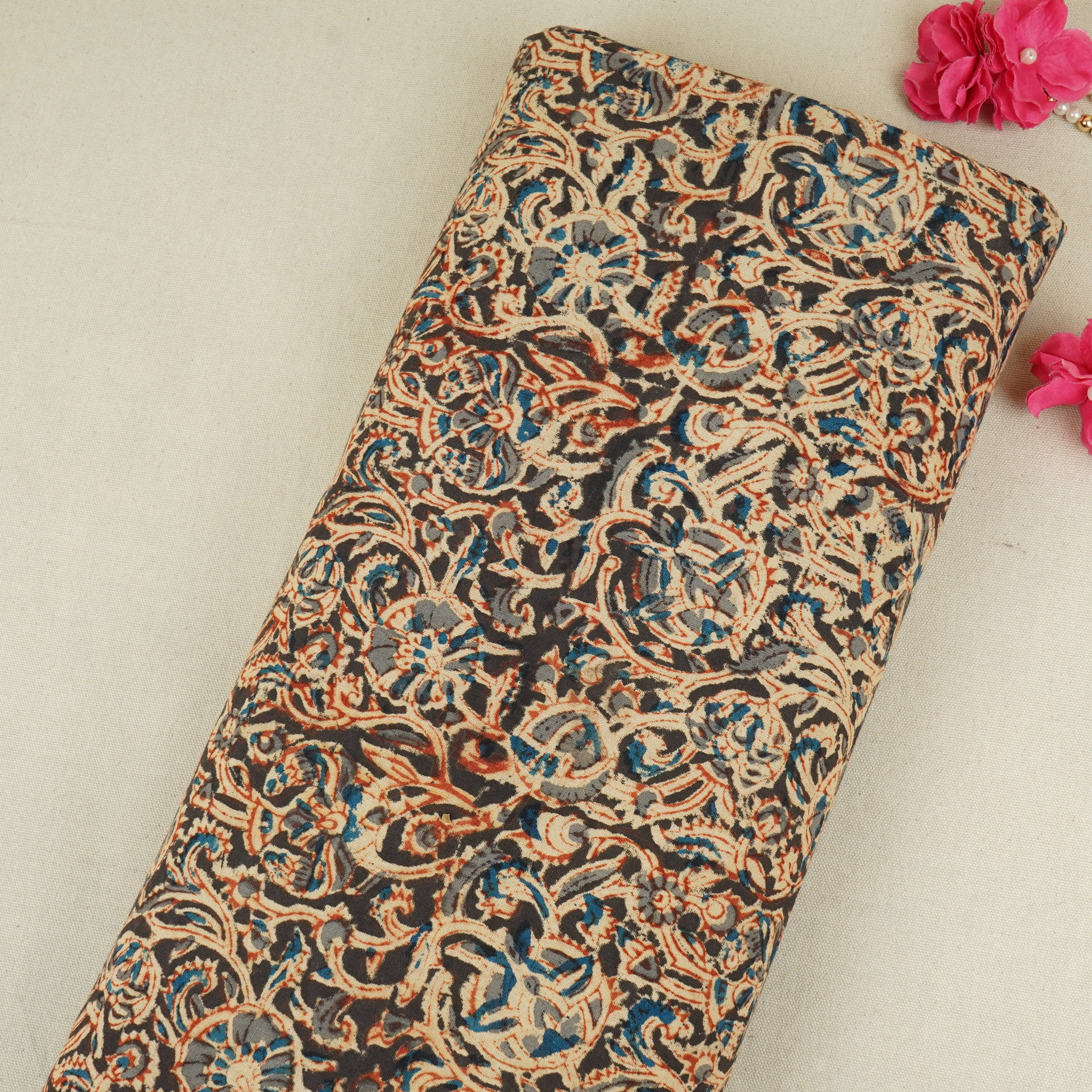 Black Kalamkari Print Cotton Fabric MFR-29848 - TradeUNO